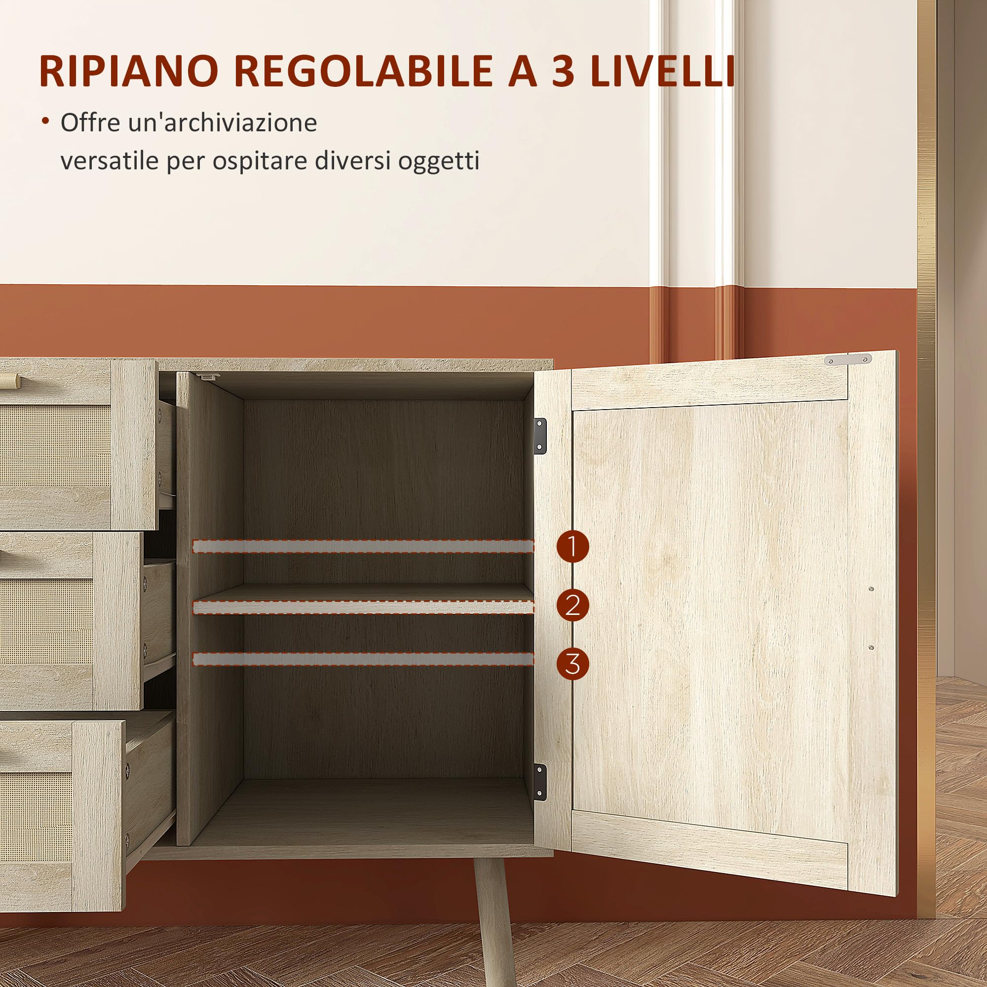 HOMCOM Mobile Multiuso in Stile Boho con Armadietto e 3 Cassetti in Legno e Rattan per Soggiorno e Ingresso, 80x36x75cm, Rovere