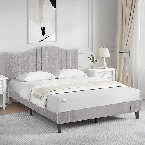 Miniatura 10 de VECELO Base de cama tapizada tamaño Queen con cabecera ajustable, tela de oveja lujosa, listones de madera fuertes, espacio libre de ruido, 7.9