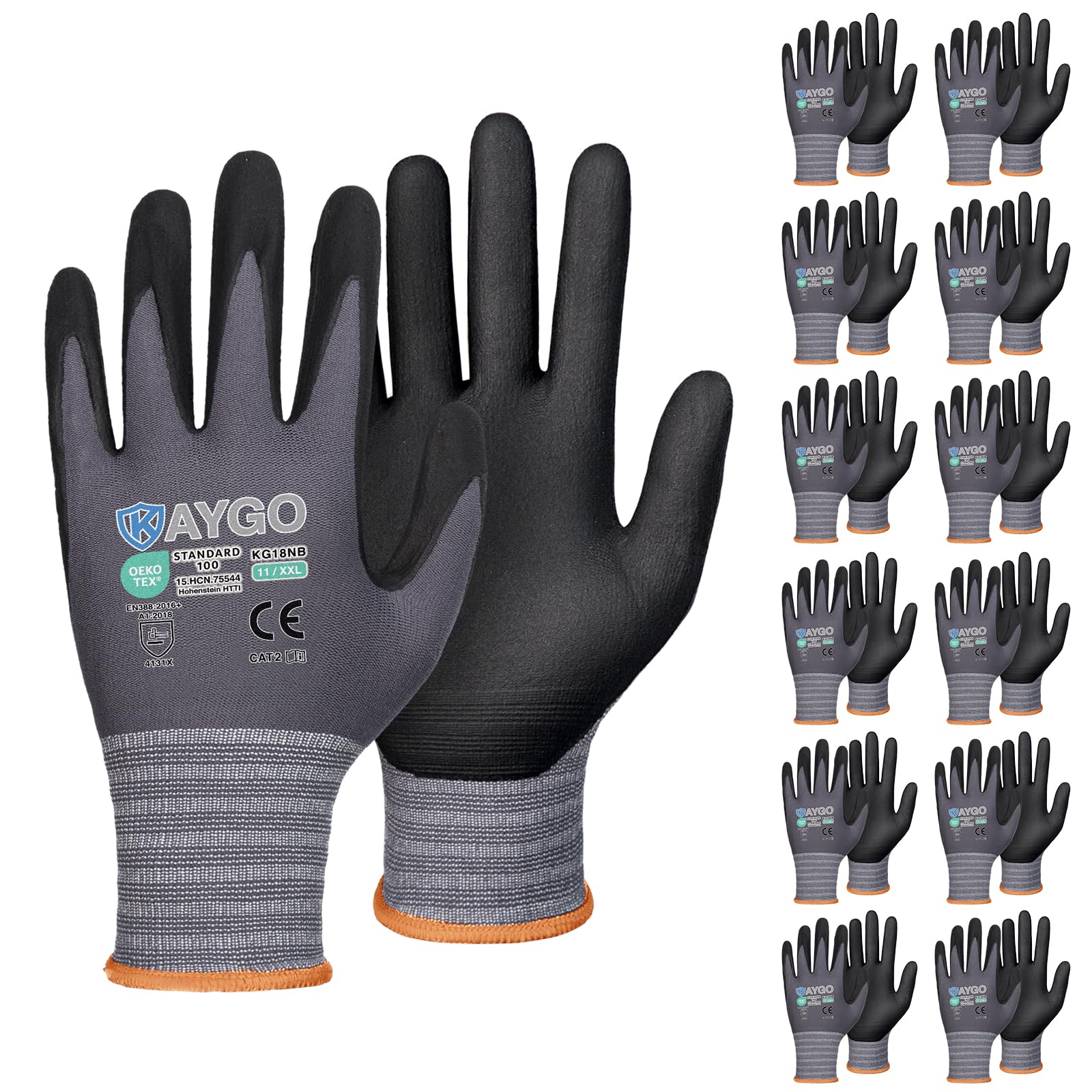KAYGO Safety Work Gloves MicroFoam Nitrile Coated, 12 Pairs KG18NB,Seamless Knit Nylon Glove for Men and Women, Ideal for Automotive,Warehouse,