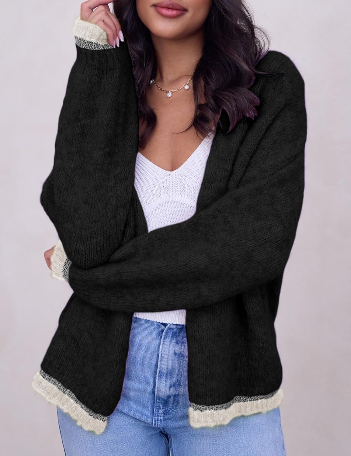 Women's Cardigan Sweater Long Sleeve Color Block Open Front Casual Knit Outerwear - Image 2