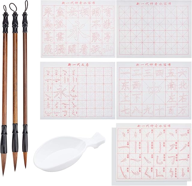 PandaHall 10pcs No Ink Chinese Calligraphy Set, Gridded Brush Water Writing Cloth Paper with Sienna Chinese Traditional Calligraphy Brushes and Water Dish for Beginners Practice