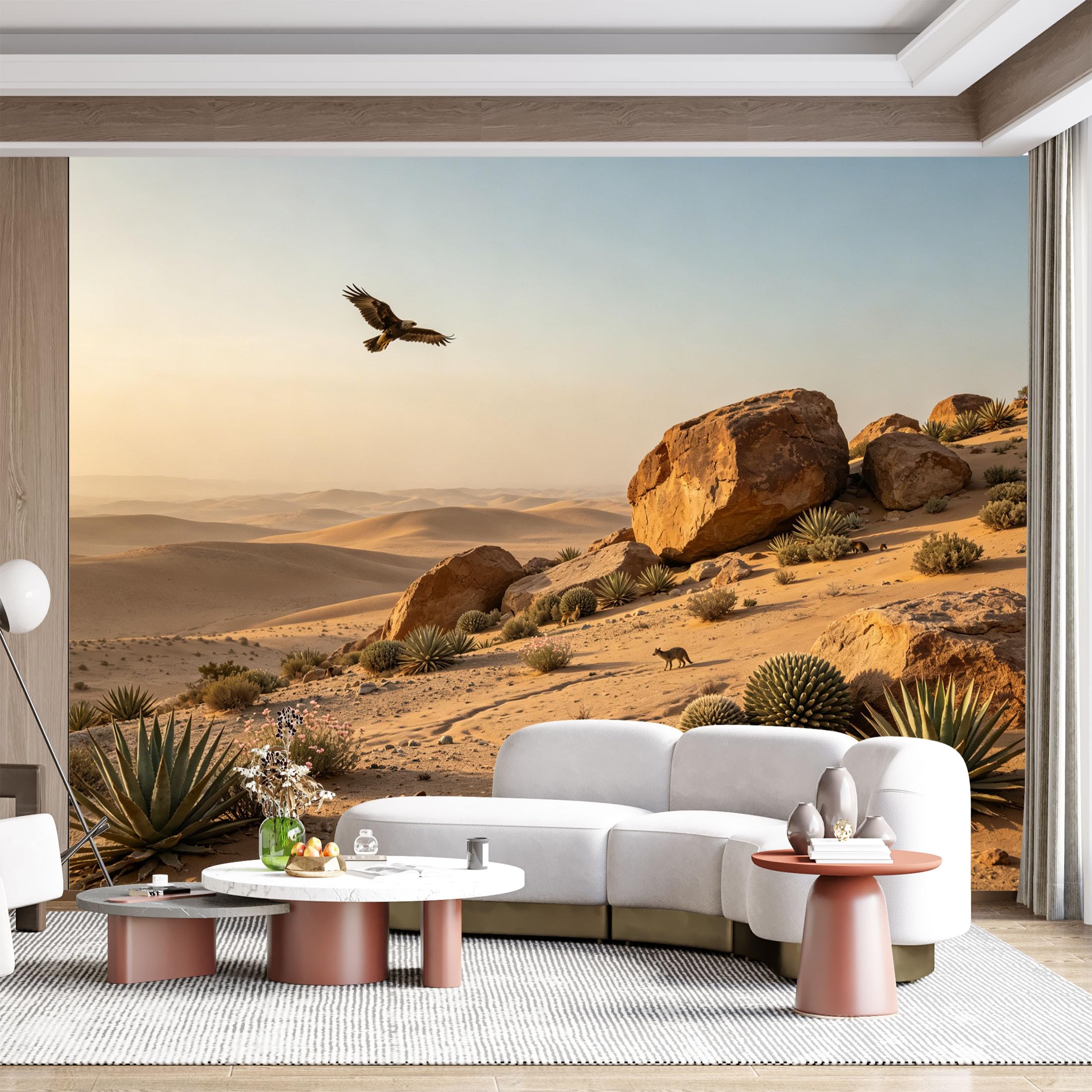 Custom Size Wall Mural Desert Landscape Eagle Flying Desert Fox Succulent Plants Sand Dunes Seascape SelfAdhesive Wall Fabric Removable for Home Office Decor