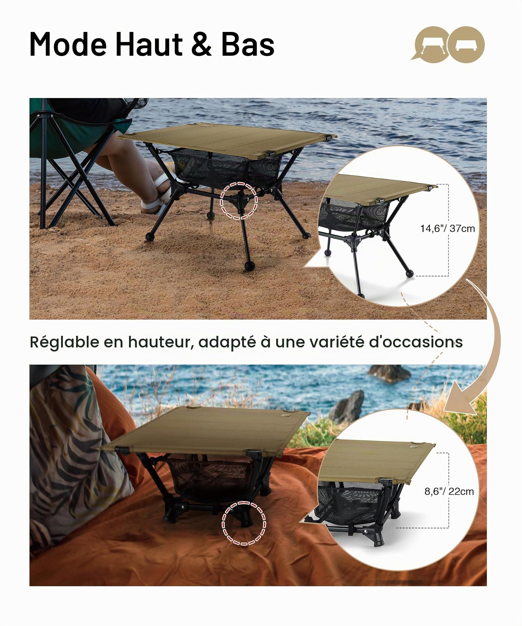 OneTigris Dipper Table de camping pliable avec sac de transport - Table d'extérieur légère pour la pêche et la randonnée - 60 x 40 x 37 cm - Marron coyote