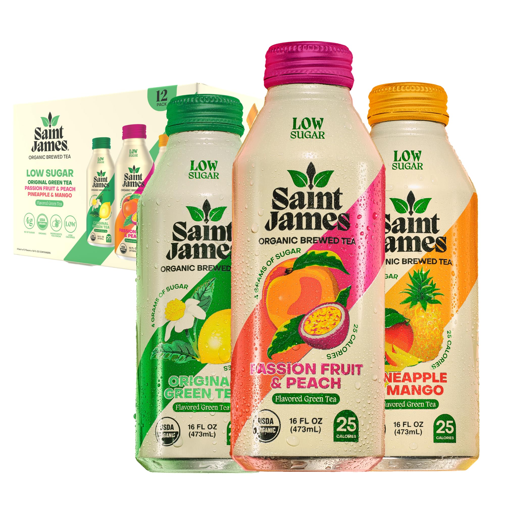 Saint James Organic Green Tea Variety, Low Sugar, 16 Oz, 12 Pack