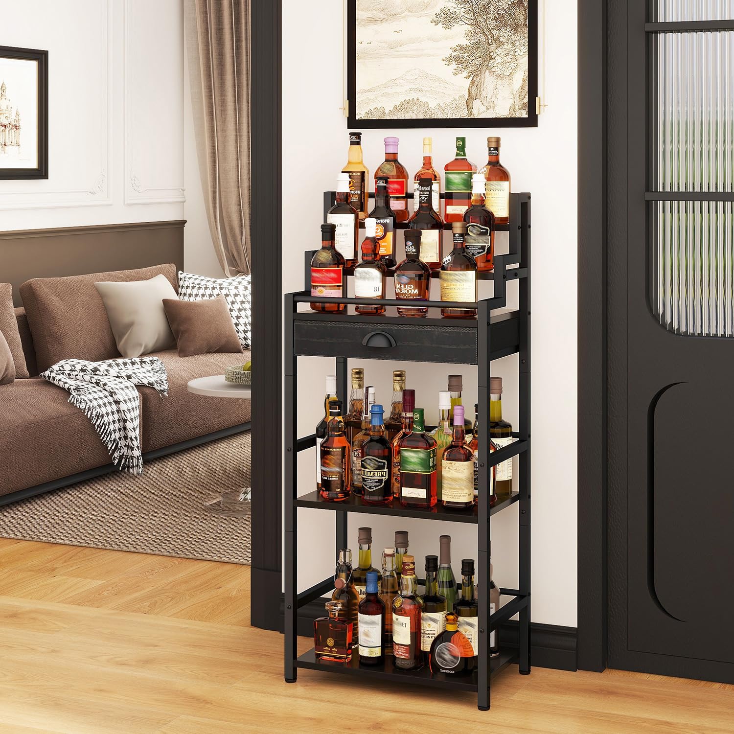 IBUYKE Stufen Weinregal, Freistehend, Weinschrank mit Schublade und Ausstellungsregal für Whisky, Trapezförmiges Flaschenhalter für Bar, Wohnzimmer, Esszimmer,Schwarz TMJ915B