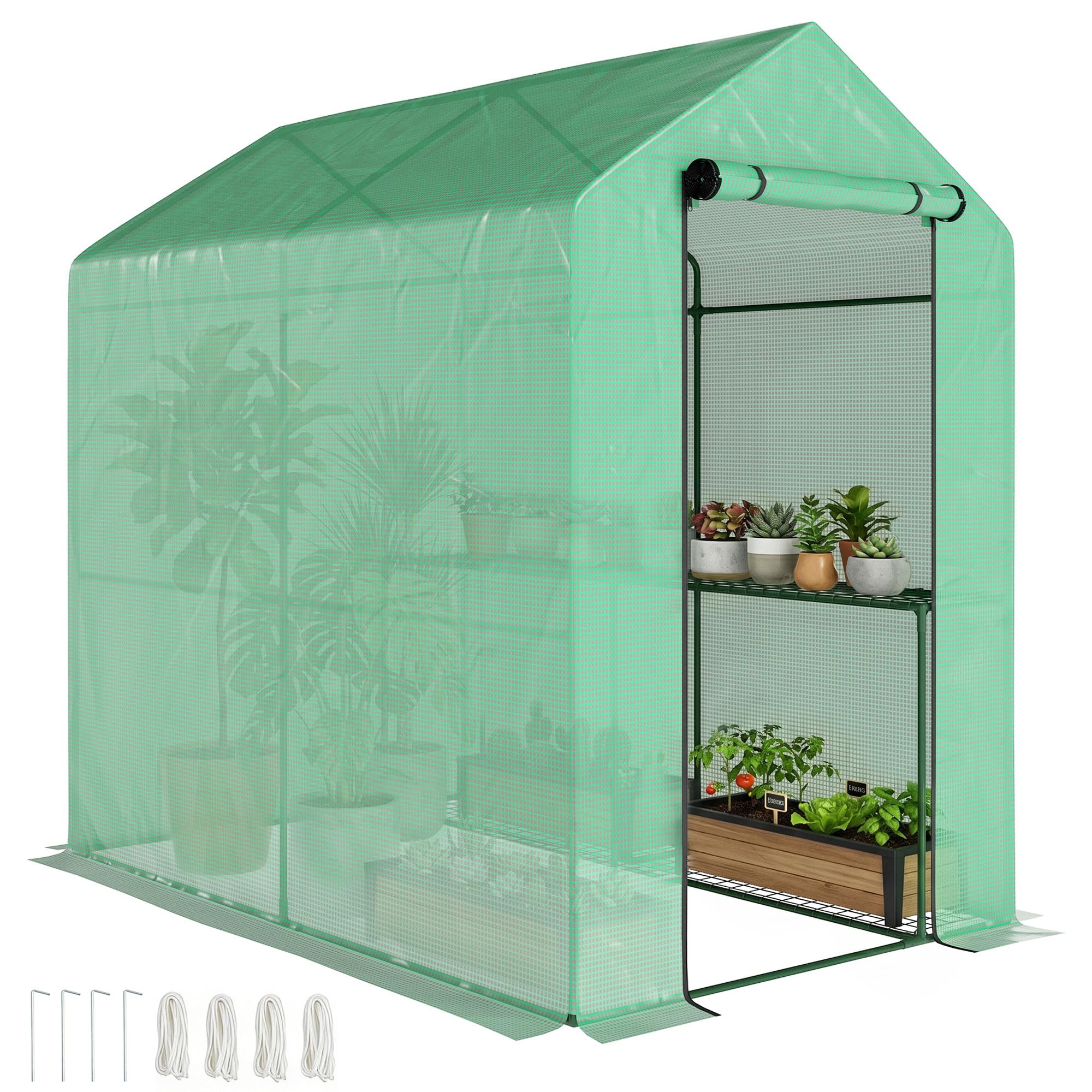 Outsunny Walk-in Greenhouse with 2 Tier 4 Shelves, Small Greenhouse with Reinforced PE Cover, Garden Plant Growhouse with Roll-up Door, 120 x 186 x 190 cm, Green