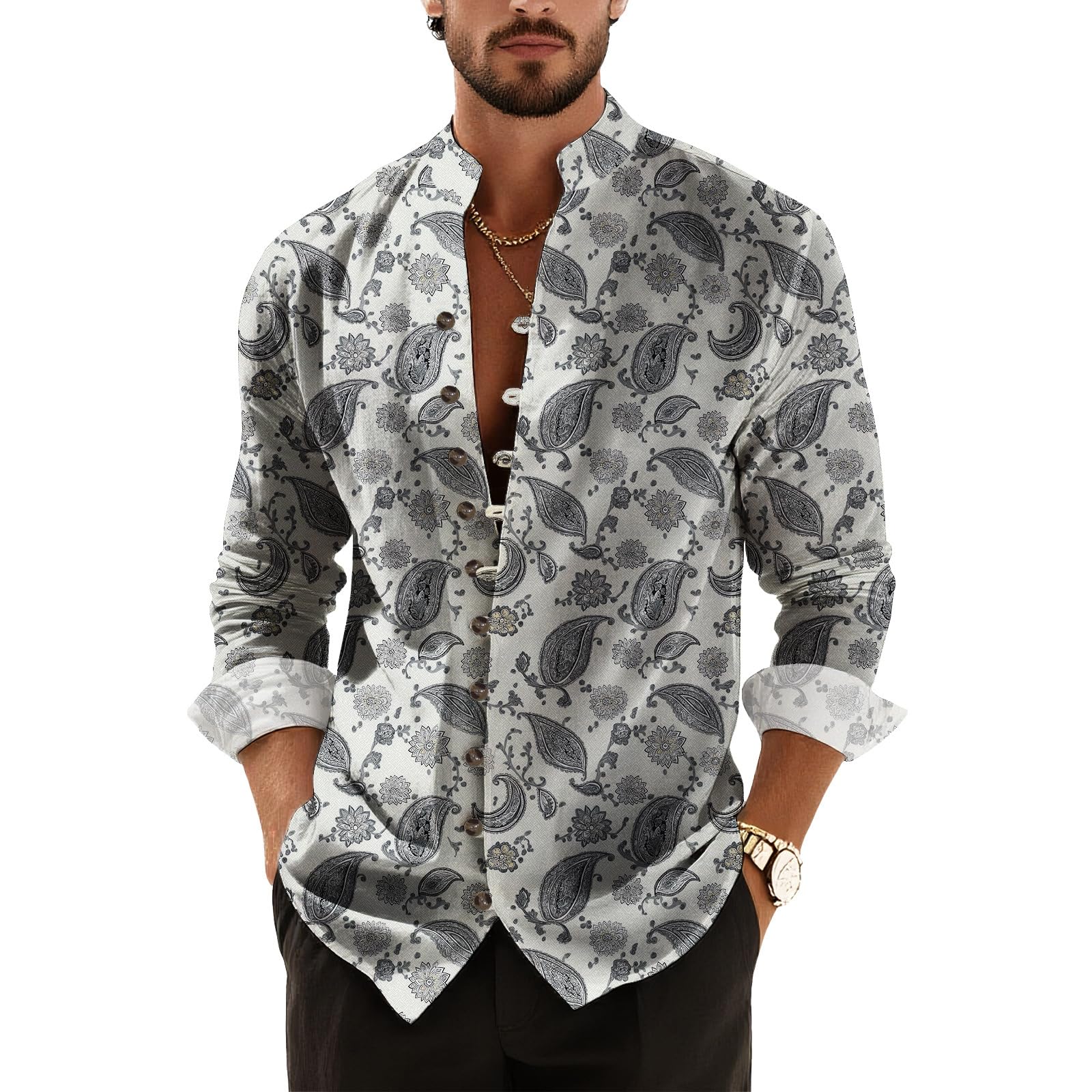 ZOCANIA Mens Button Down Shirts Long Sleeve Paisley Floral Print Casual Shirt Rolled Sleeve Stand Collar V Neck Tees