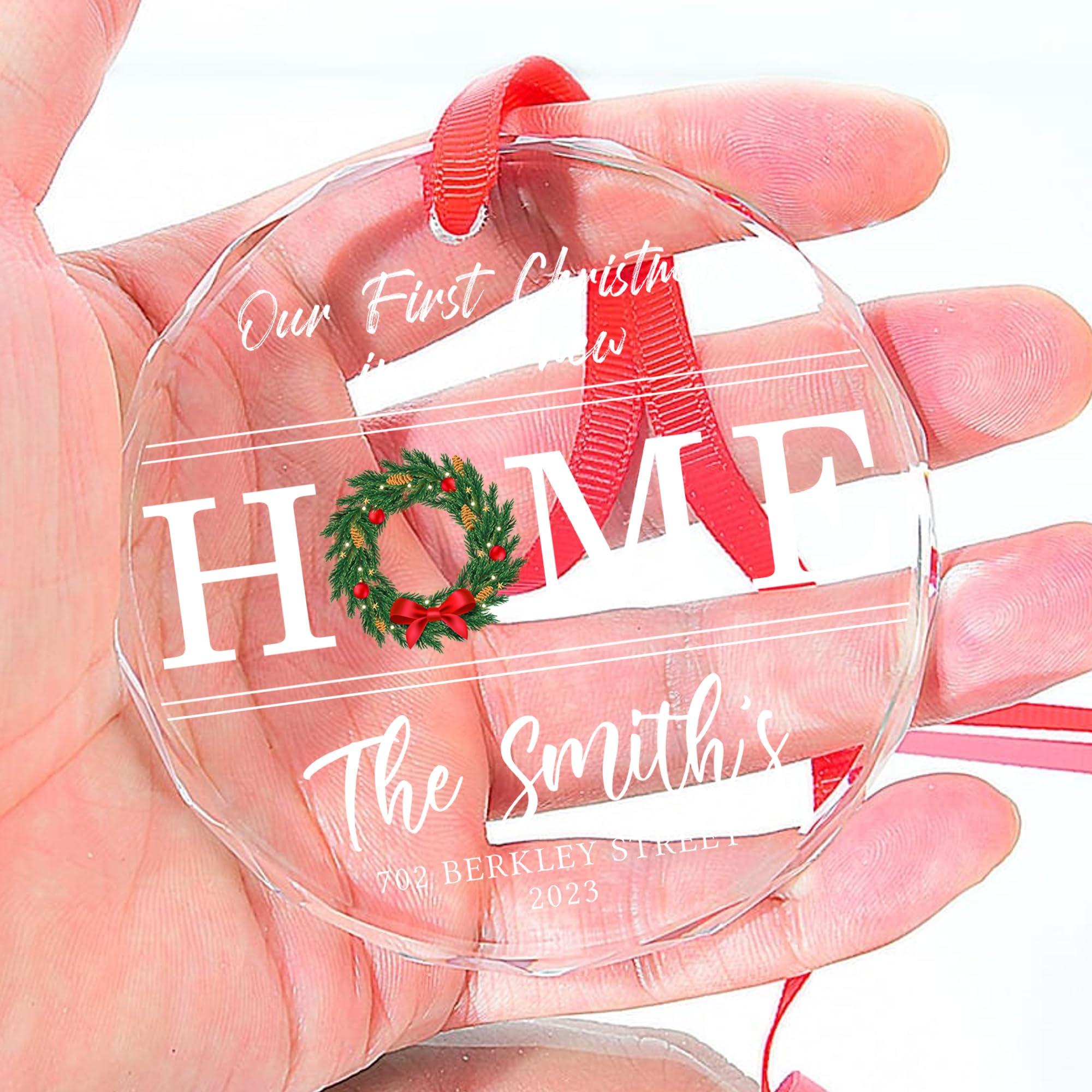 Personalized First Christmas in Our New Home Crystal Ornament - Custom Family Name and Address, Housewarming Gift, New Address Keepsake, New Owner Gift, First Home Hanging Decor