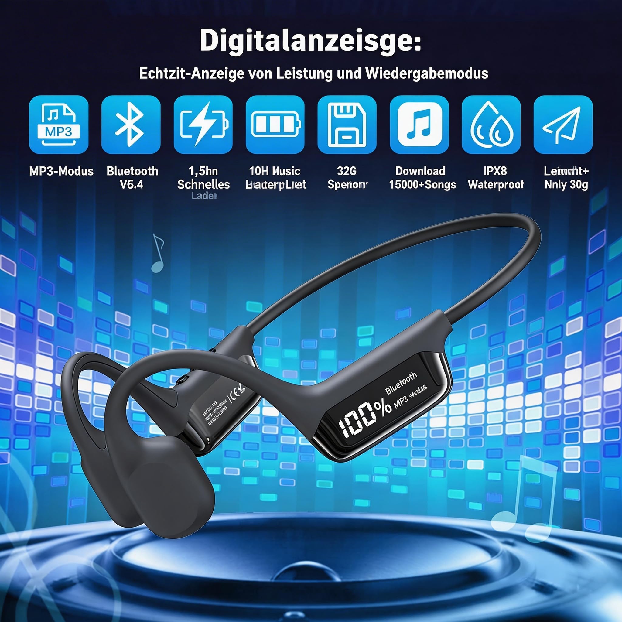 Schwimmkopfhörer Bluetooth 5.4 mit 32 GB MP3-Speicher, IPX8 wasserdichte Knochenleitung Kopfhörer, Kabellos mit LED-Display für Schwimmen, Laufen, Radfahren und Fitness