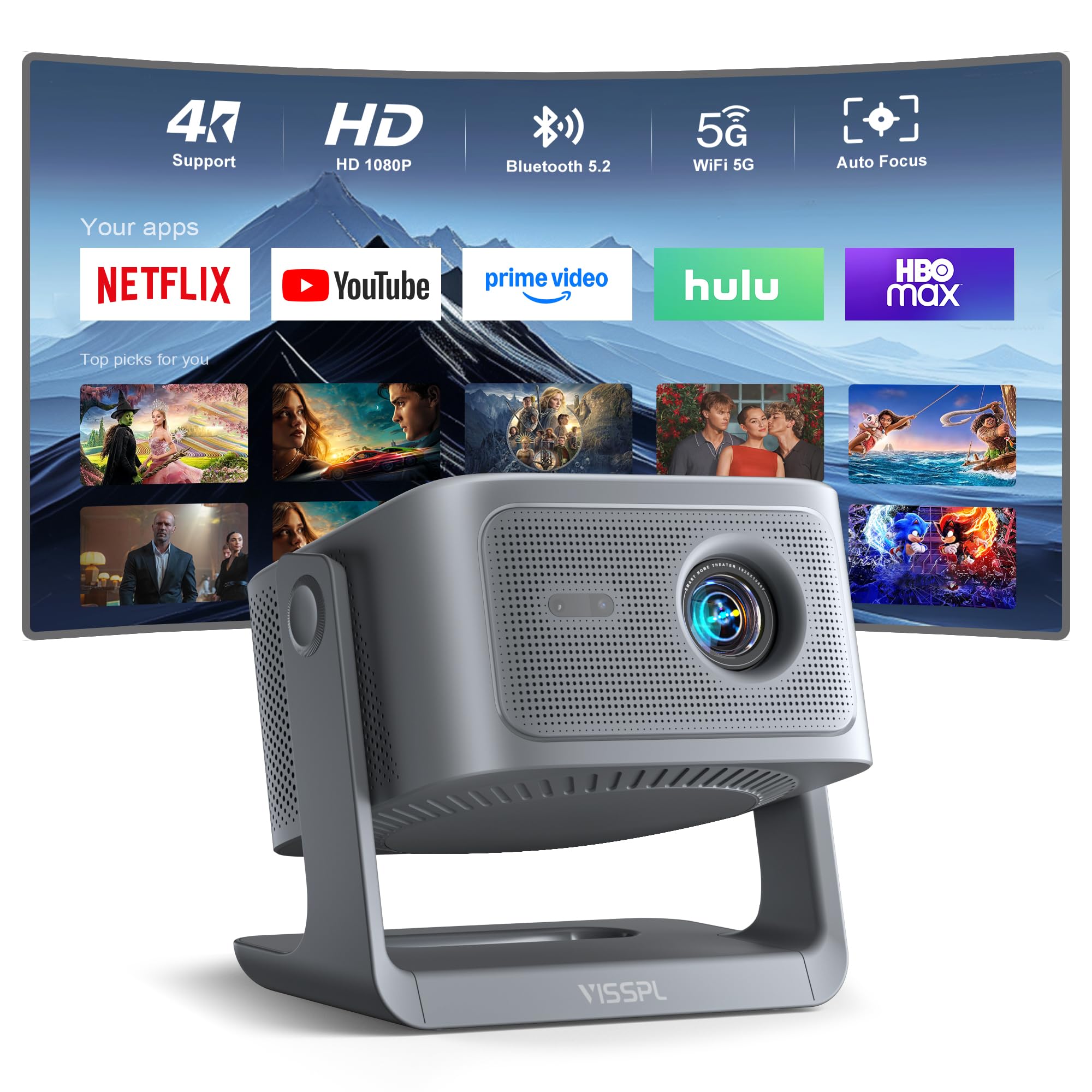 [30000Lumen & Offiziell lizenzierte App] Smart Beamer 4K Heimkino, VISSPL 3D Dolby Audio und Autofokus Outdoor Projektor Handy, WiFi6 Bluetooth Video Projektor mit 360° verstellbarem Standfuß(Grau)