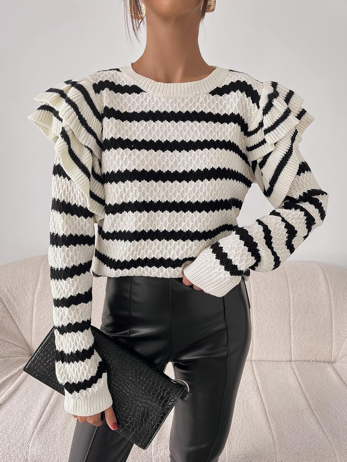 Women's Sweater Striped Pattern Ruffle Trim Sweater Sweater for Women (Color : Black and White, Size : Medium)
