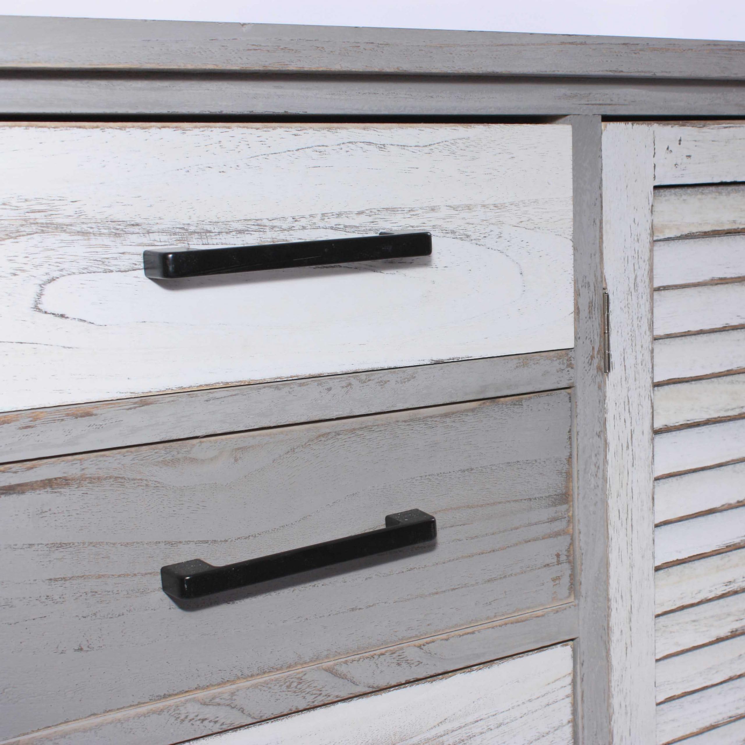 DiKasa Credenza Bicolor in Legno di Paulonia Bianco e Grigio Anticato con 4 Cassetti e 2 Ante a Persiana, Mobile Contenitore per Soggiorno Cucina Ingresso Stile Shabby Chic 128x43x66 cm