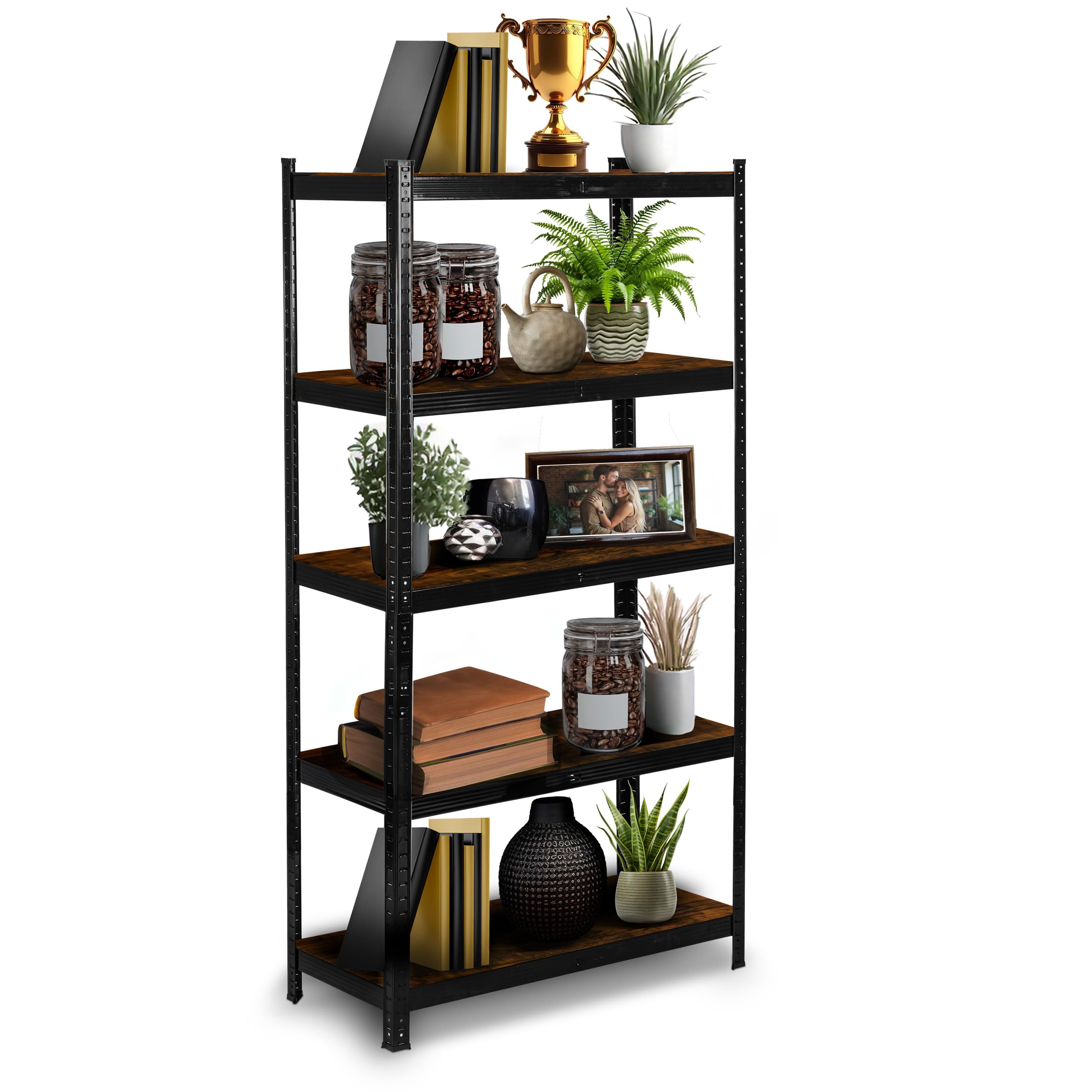 Humberg Regał Magazynowy Metalowy 5-Poziomowy Z Regulowanymi Półkami Maksymalne Obciążenie Do 175 kg Solidny Do Garażu Piwnicy 180 x 90 x 40 cm Brązowy Czarny