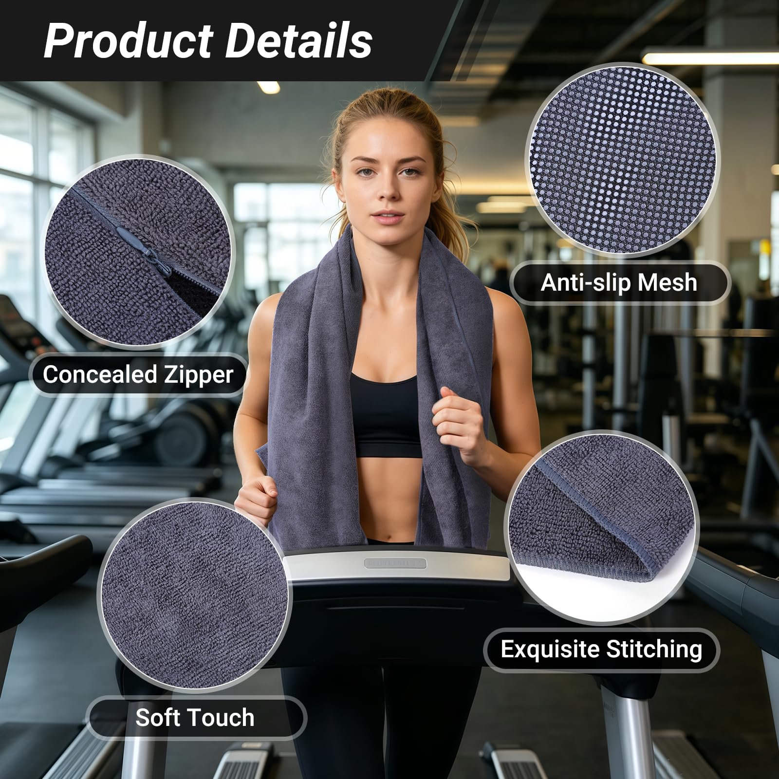 Asciugamano da Palestra 135x50cm Microfibra ad Assorbimento Rapido e Asciugatura Veloce Tasca con Cerniera per Cellulare Chiavi Cuffie e Accessori per Palestra Yoga Sport all'aperto (Grigio Scuro)