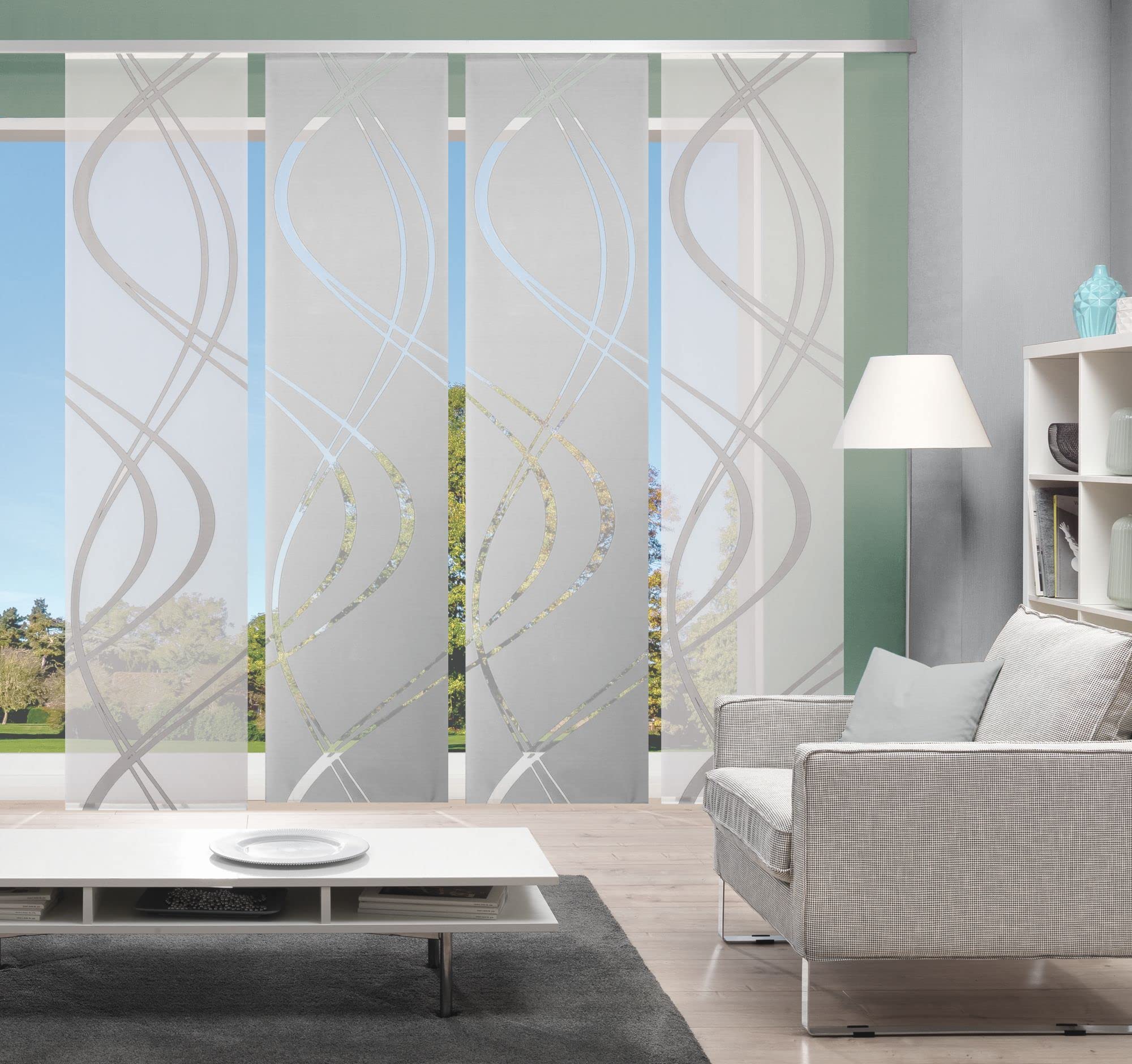 5er-Set Flächenvorhang, Blickdicht/transparent, Joanna, grau, Höhe 245 cm, 5X Dessin, 245 x 60 cm