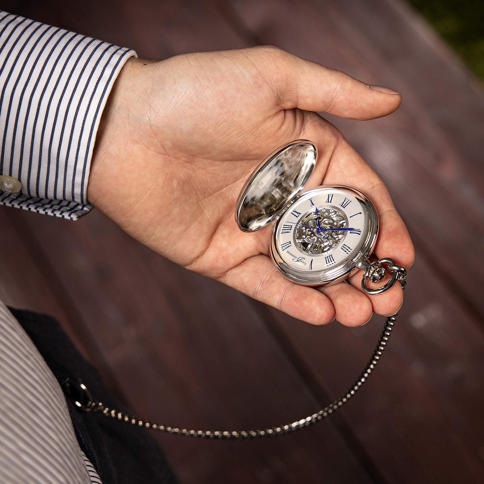 Hermann Jäckle Herren Taschenuhr Ettlingen Skelett 50 mm | Skelett-Design, Handaufzugswerk, Double Hunter Gehäuse, römische Ziffern, inklusive Kette und Reiseetui