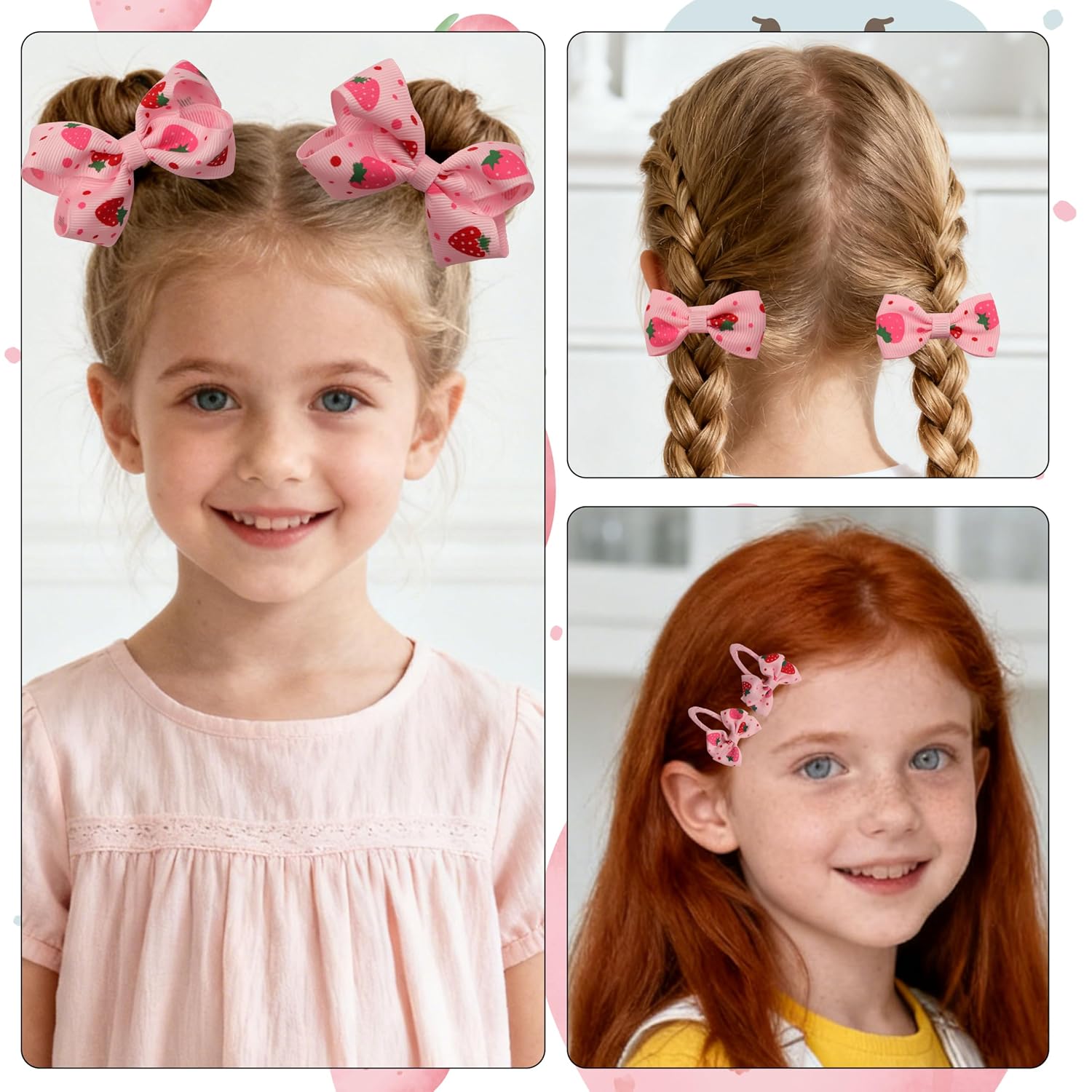 8PCS Strawberry Hair Clips and Ties, Pink Cute Hair Bow Barrettes image 4