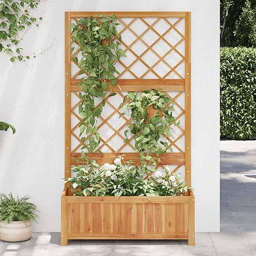 Miniatura 2 de Tidyard Maceta de jardín de madera con enrejado de madera de acacia para escalar, plantar, patio, balcón, decoración al aire libre, 33.5 x 15 x 59.1