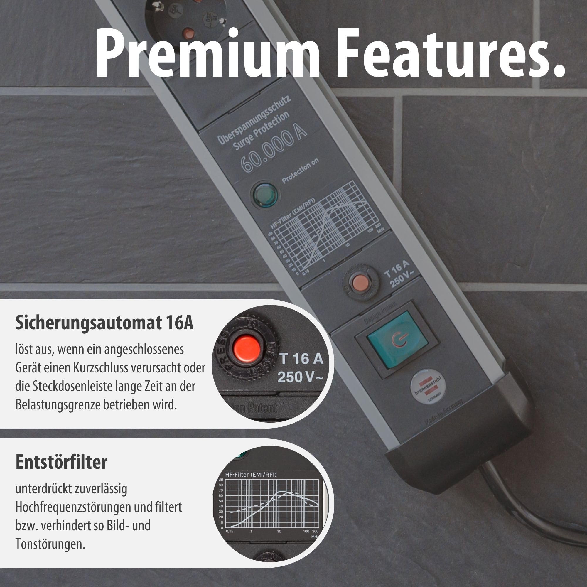 Brennenstuhl Premium-Protect-Line Steckdosenleiste 6-Fach mit USB, 3m | Mit Überspannungsschutz, Mehrfachsteckdose mit Schalter, 2-fach USB 3,1 A, Made in Germany, silber/schwarz