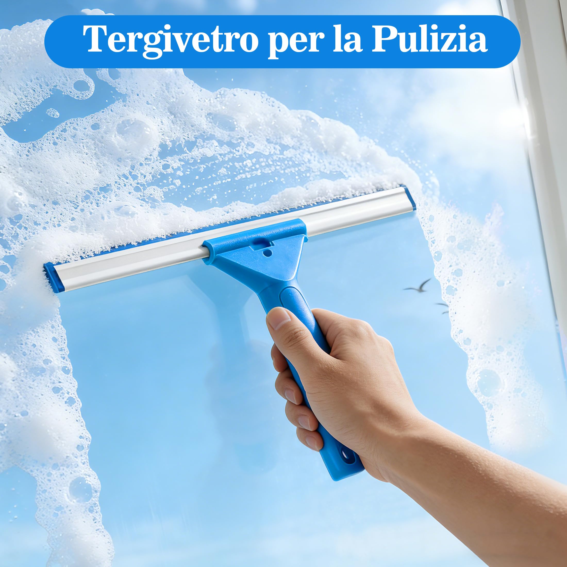 Lavavetri Telescopico Professionale 2 in 1 con Spazzola e Tiraacqua per Vetri, Kit Pulizia Vetri Finestre, Doccia, Auto e Specchi, Panno in Microfibra Senza Aloni e Lama in Silicone