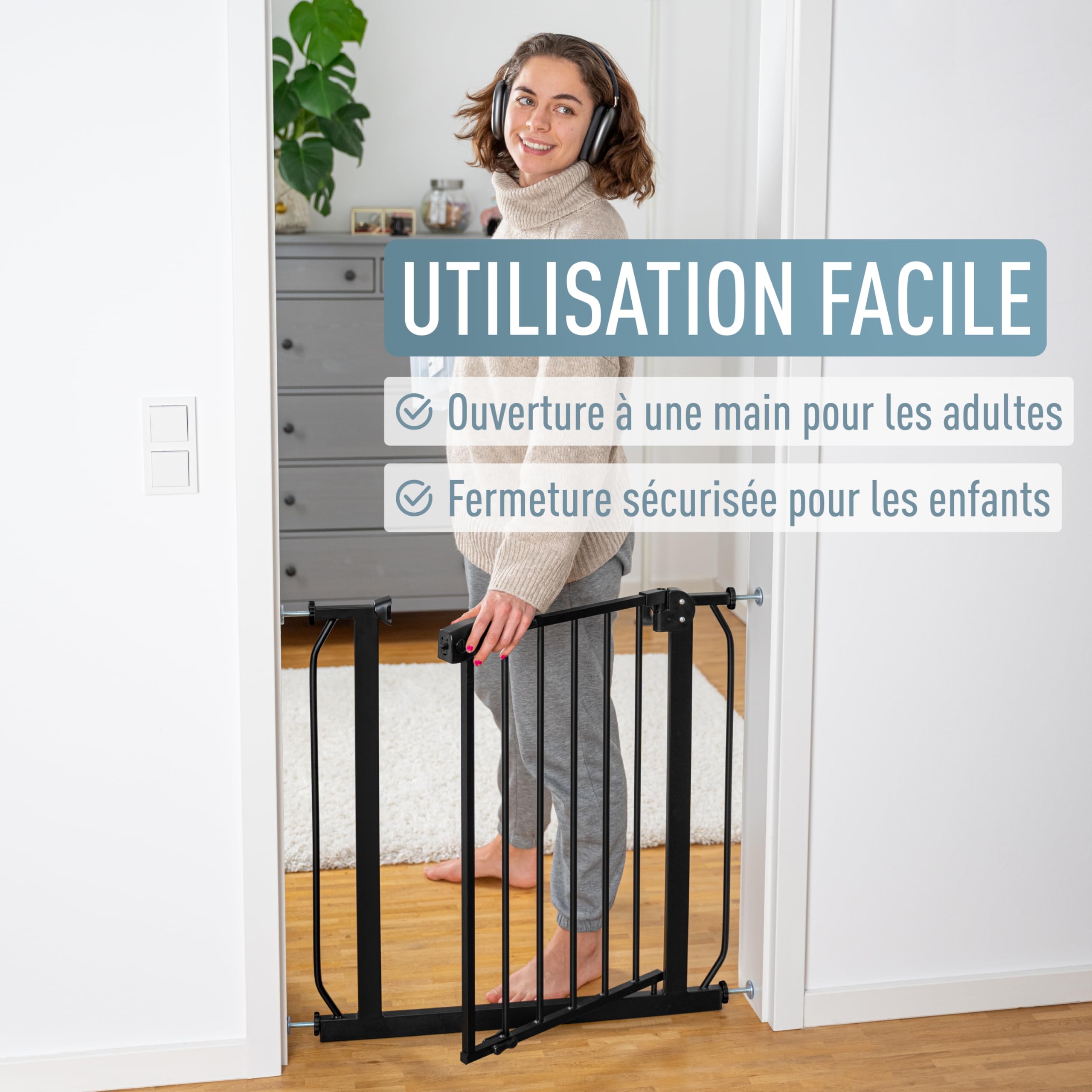 ib style Barrière de Sécurité Berrin 58-185 - Barrière d'escalier, sans Perçage, Ouverture d'une Main, pour Enfants 6 a 24 Mois, 150-160 cm, Noir