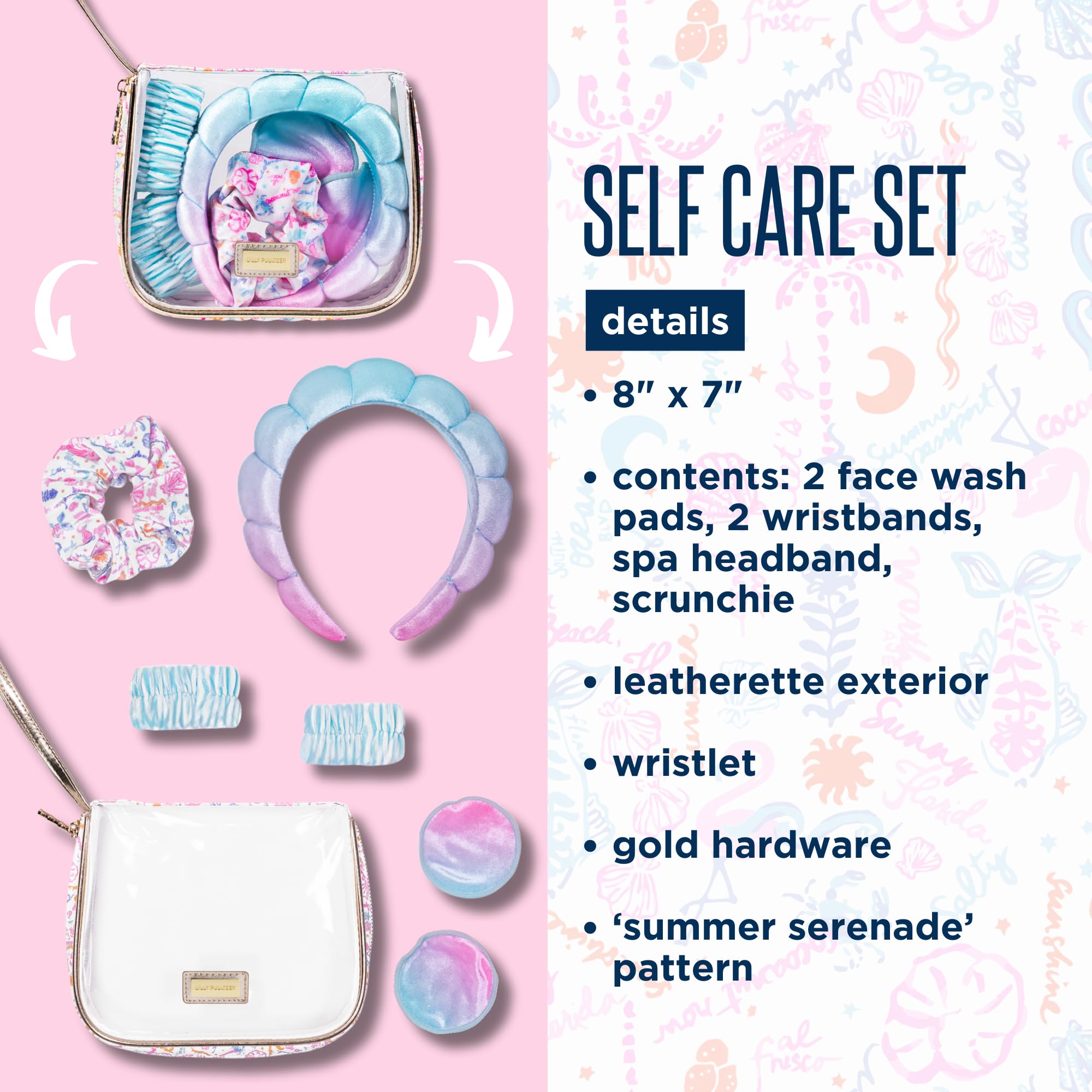 Lilly Pulitzer Self Care Kit, Spa Gift Set for Women with Spa Headband, 2 Face Wash Pads, 2 Wristbands, and Scrunchie (Summer Serenade)
