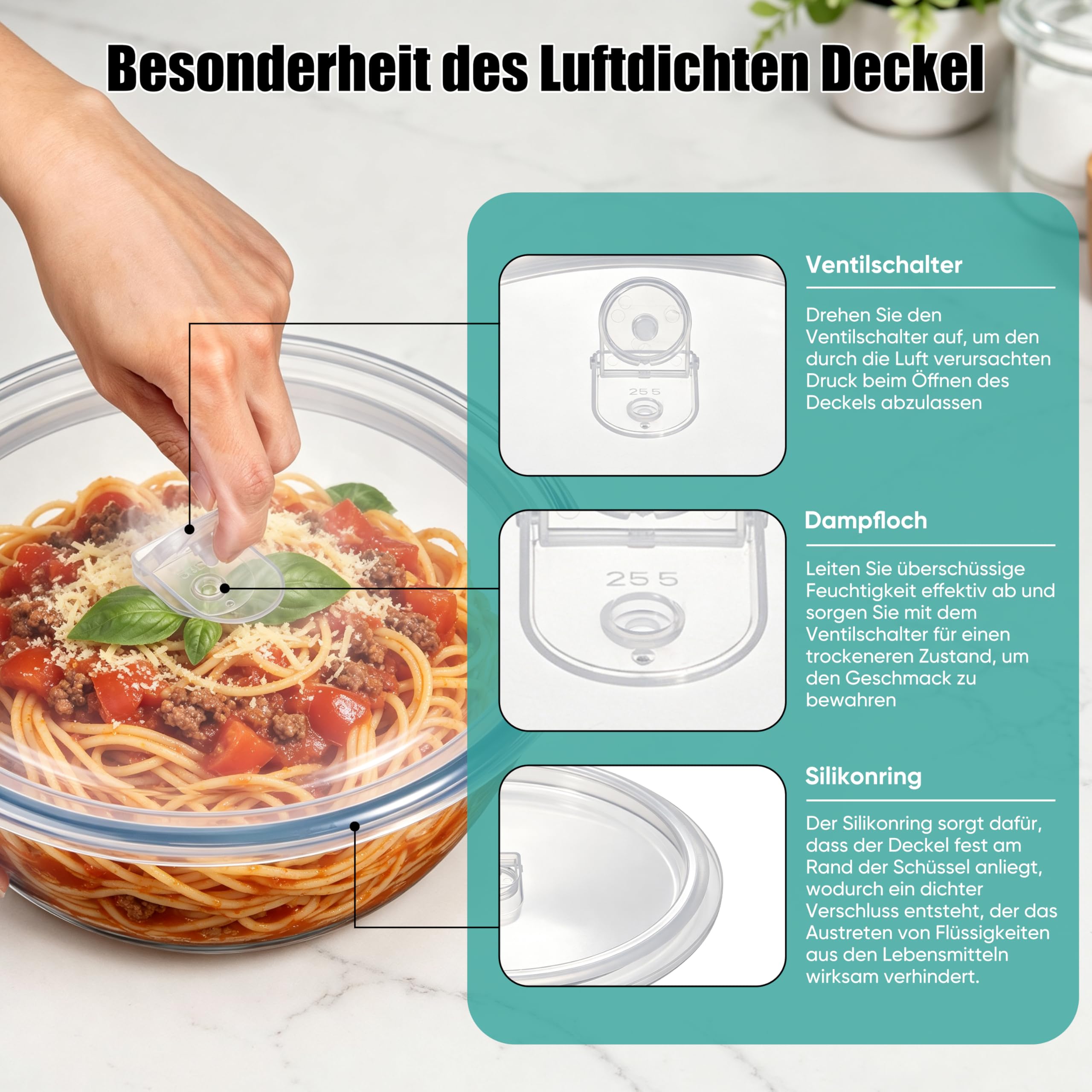 Homikit Salatschüssel 3er Set, Groß Glasschüssel Rührschüssel mit Luftdichtem Deckel, 4,5L/2,7L/1,1L, Borosilikatglas Schüssel für Servieren Kochen Backen, Luftdichtem, Spülmaschinenfest
