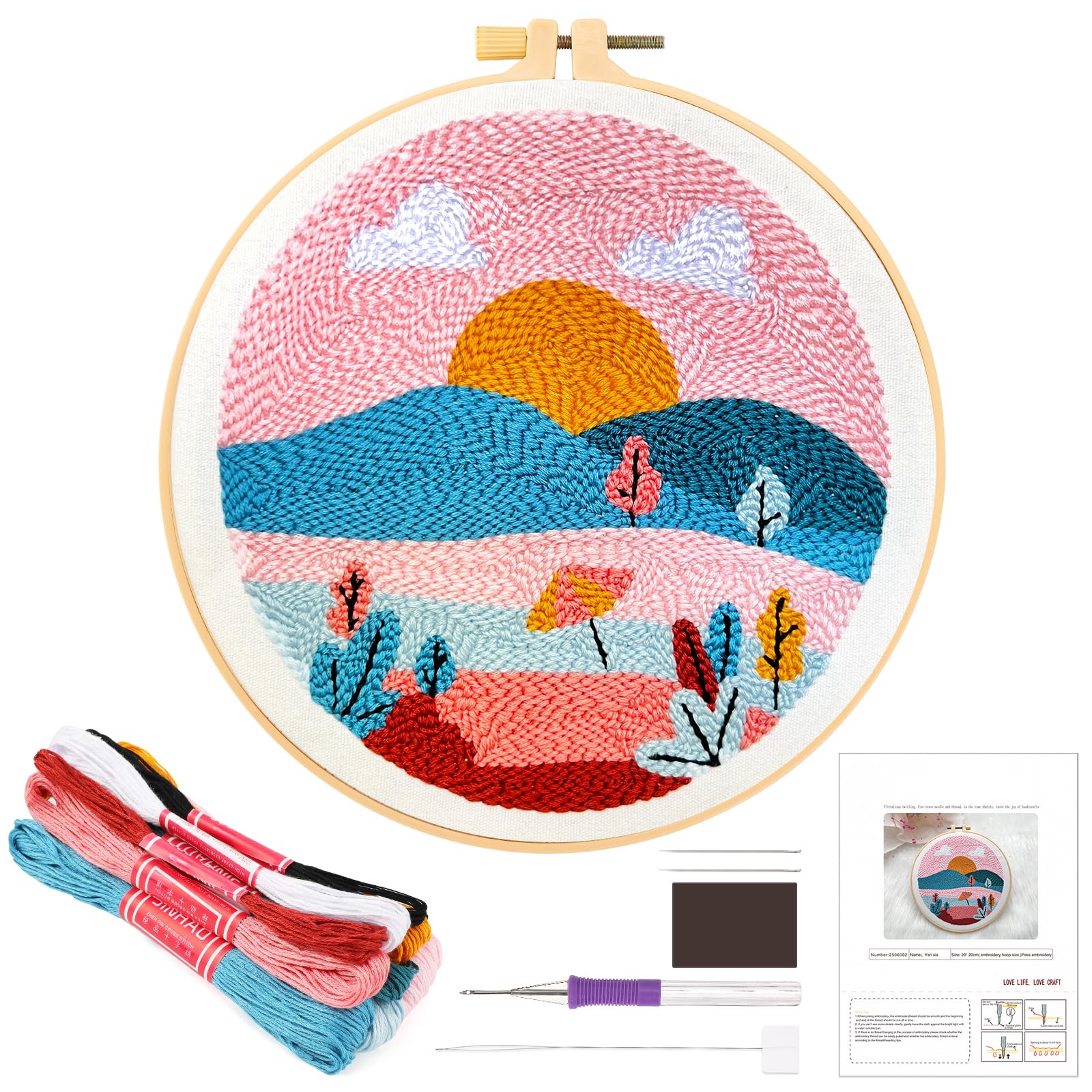 JSRQT Landscape Punch Needle Kit for Beginner Adults, Stamped Cross Stitch Starter Kit with Tool, Handmade Rug Hooking Beginners Set, Easy Punch Needle Embroidery Craft with Instruction, Yarns, Hoop