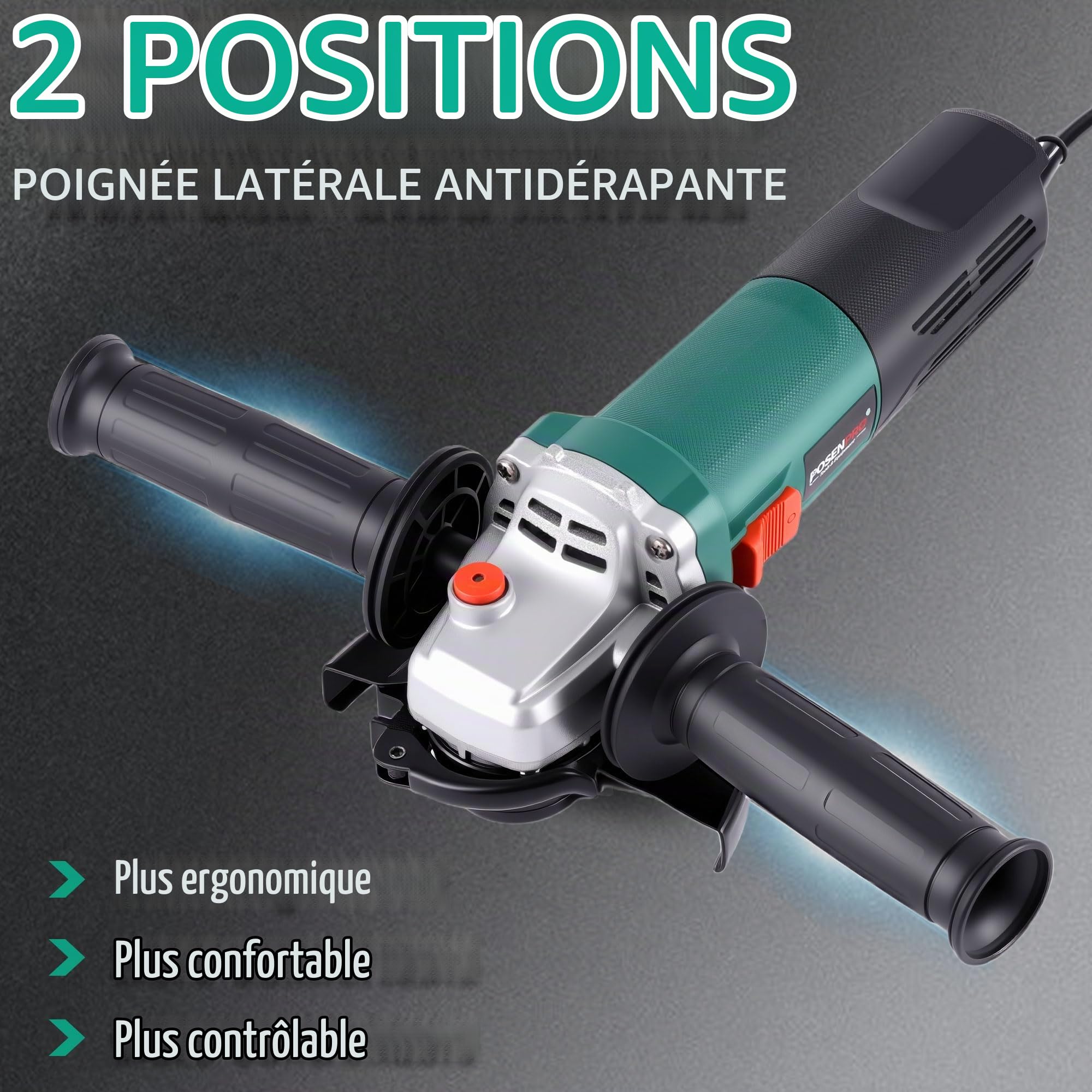 POSENPRO Meuleuse d'angle 1200W, Ø125mm, 3000-12.000 trs/min, capot à fixation rapide, Petite meuleuse pour couper, meuler et polir le métal, le bois, la céramique et la pierre, 1,8 kg Légère
