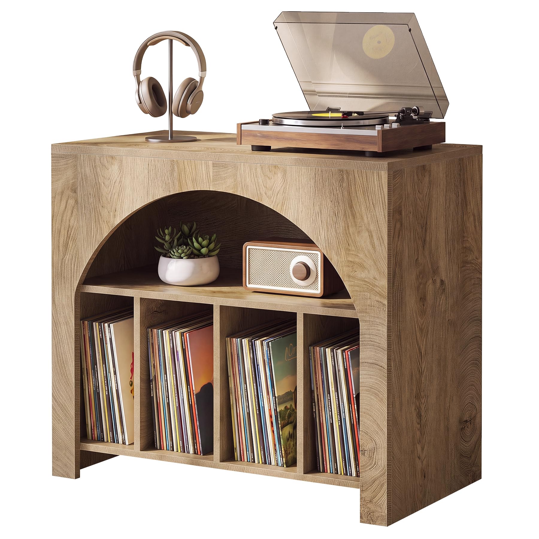Tribesigns Supporto per Giradischi, 80 x 40 x 70 cm, Può Contenere Fino a 370 Dischi, Porta Dischi in Vinile in Stile Mid-Century con Gambe in Legno per Circa Vinili, CD, Album, Giradischi, Marrone