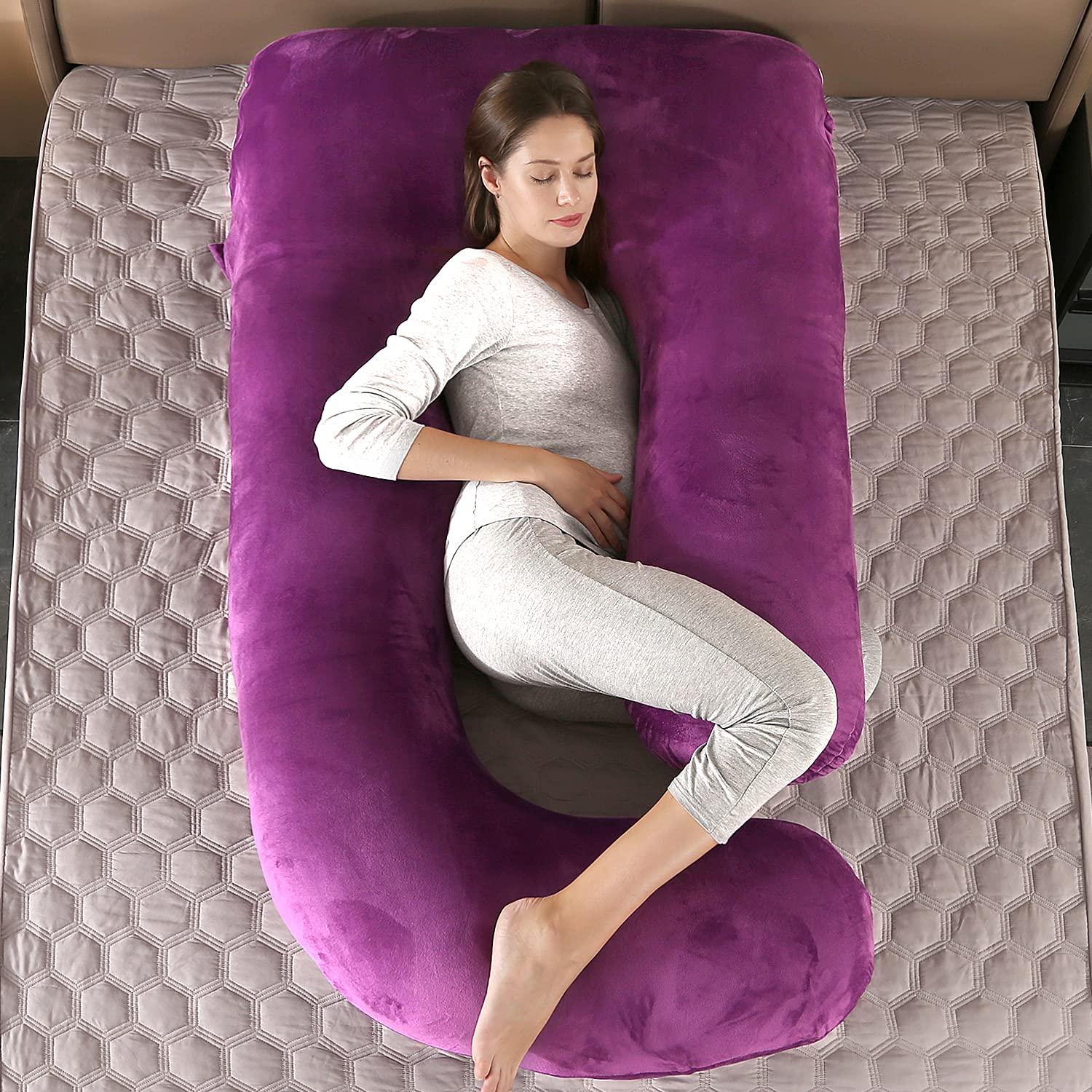 Elover Almohadas de embarazo, almohada de cuerpo completo en forma de U para apoyo al dormir, almohada de maternidad de 57 pulgadas para mujeres embarazadas con funda extraíble (terciopelo, morado