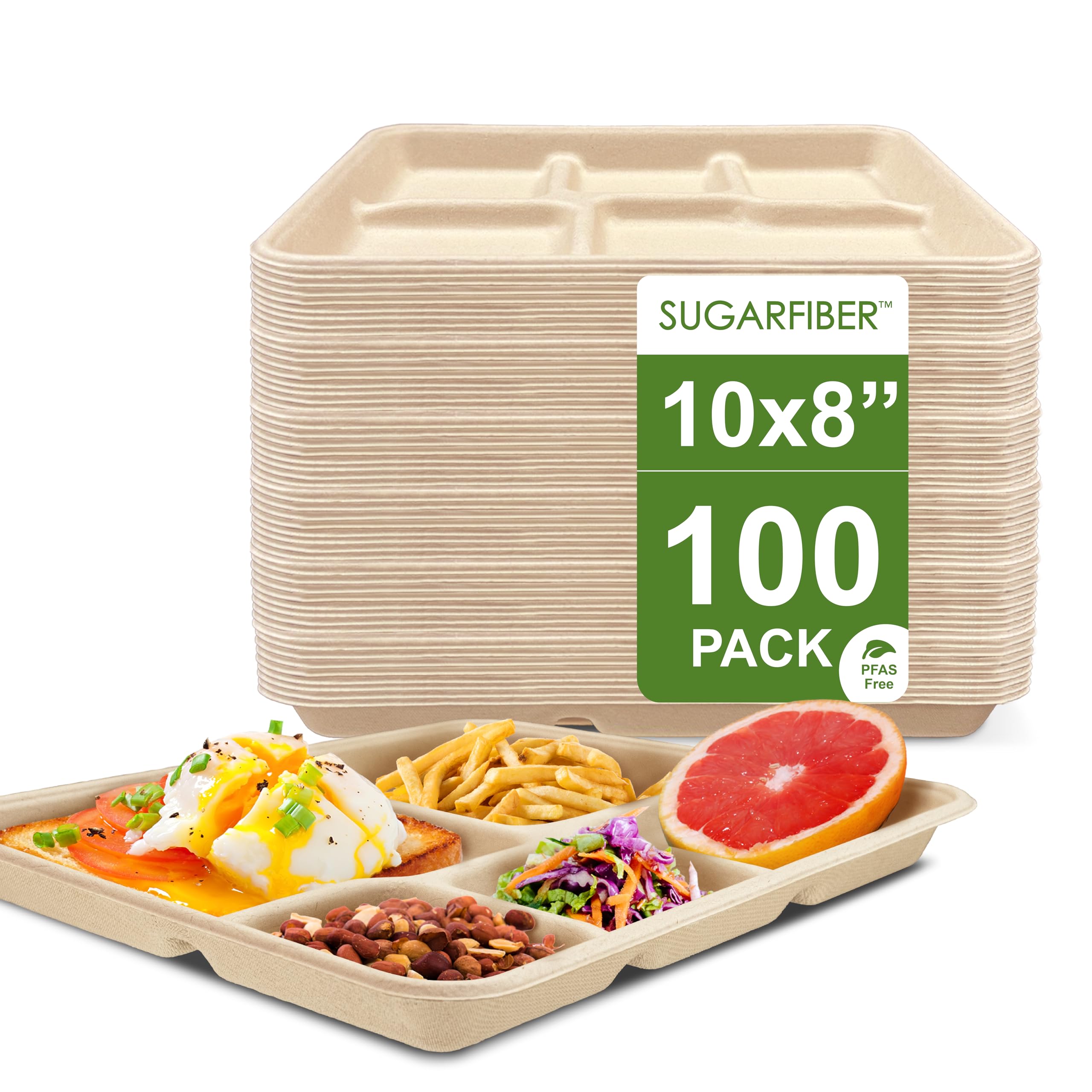 [100 unidades] Harvest Pack Bandeja de alimentos de 10 x 8 pulgadas, 5 compartimentos sin PFAS, bandejas desechables para servir bagazo, rectangulares, hechas de fibras vegetales ecológicas de caña de