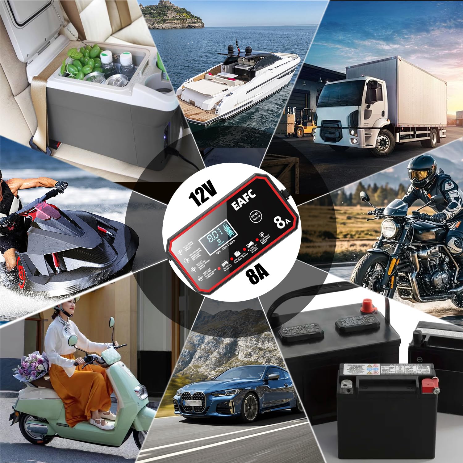 Chargeur de Batterie 12V 8A Intelligent - Chargeur Universel pour Voiture/Camion/Moto avec Fonction Réparation, Sécurité Anti-Court-Circuit et Écran LCD (Garage, Camping, Usage Domestique)