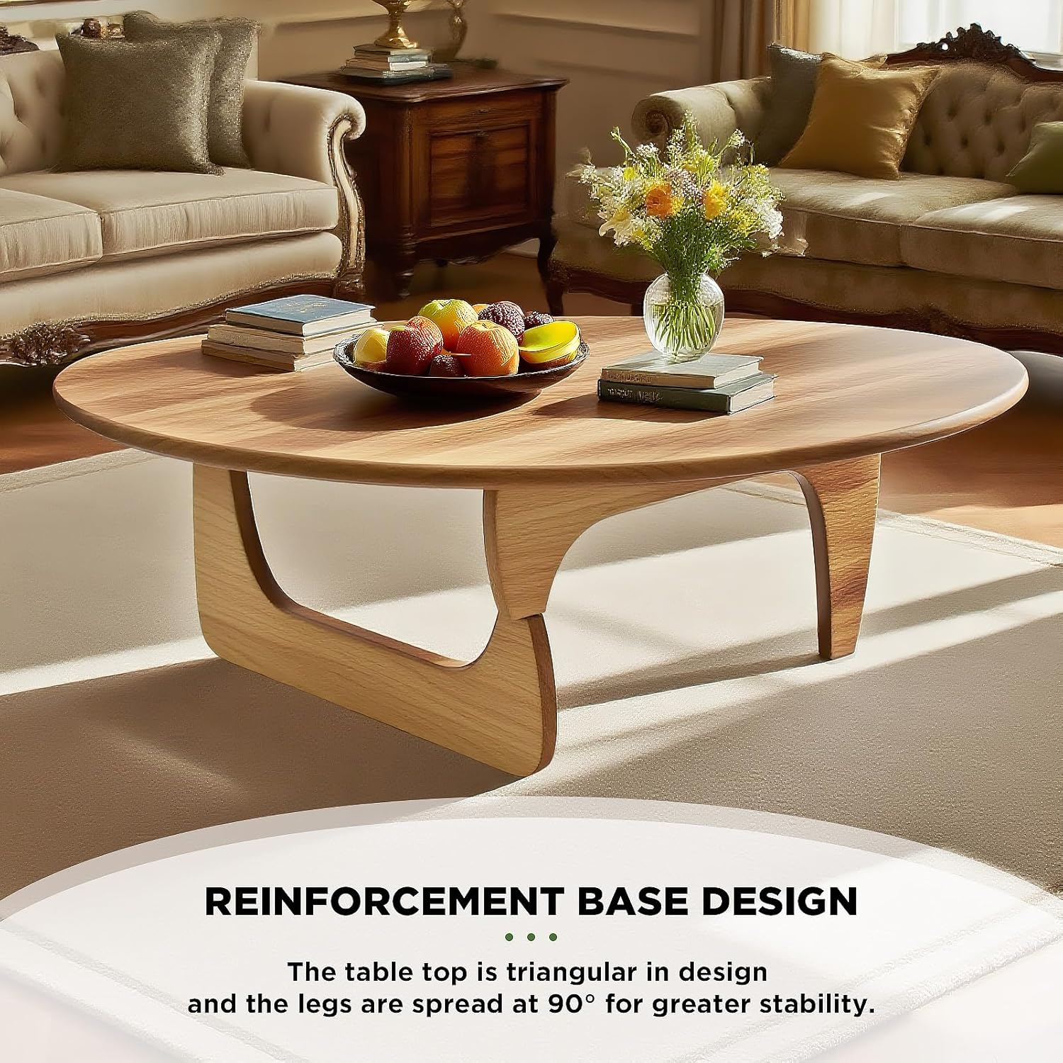 Modern Triangle Coffee Table: Unique Funky Soild Wood Coffee Tables for Living Room, Wooden Oval Mid-Century Modern Abstract Tea Tables for Patio Office Balcony Natural 43" L x 31" W x 16" H - Image 7