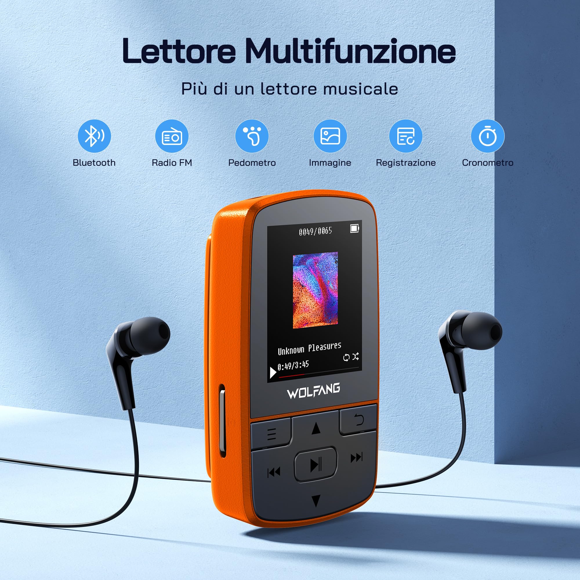 WOLFANG Lettore MP3 con Bluetooth 5.2, clip sportiva, formato mini, peso 28,3 g, radio FM HiF, registratore vocale, auricolari inclusi, arancione
