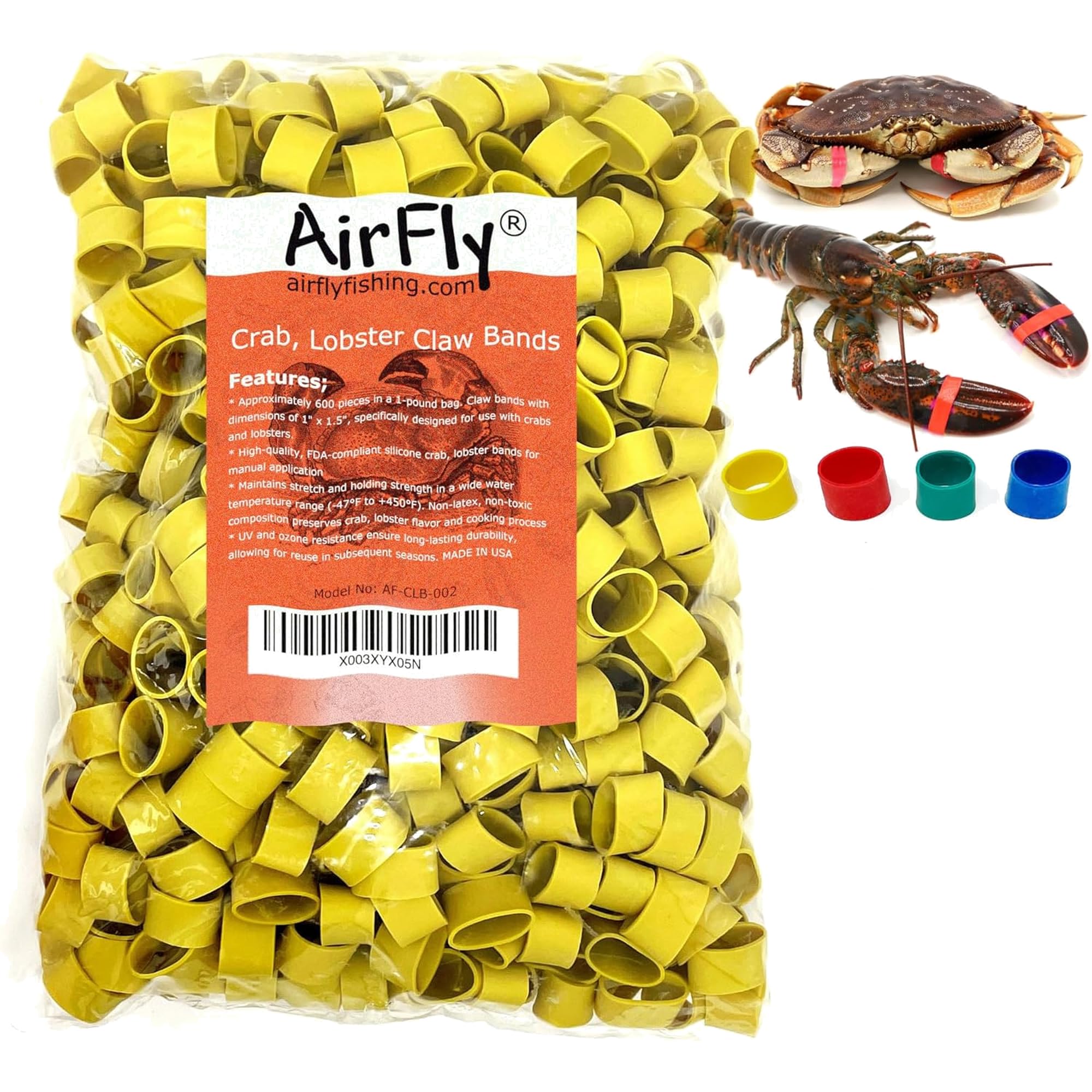 AirFly Crab, Lobster Claw Rubber Bands, Protect Lobsters & Crabs, Cook Safe FDA-Compliant Silicone, Size 1" x 0.5", Made in USA