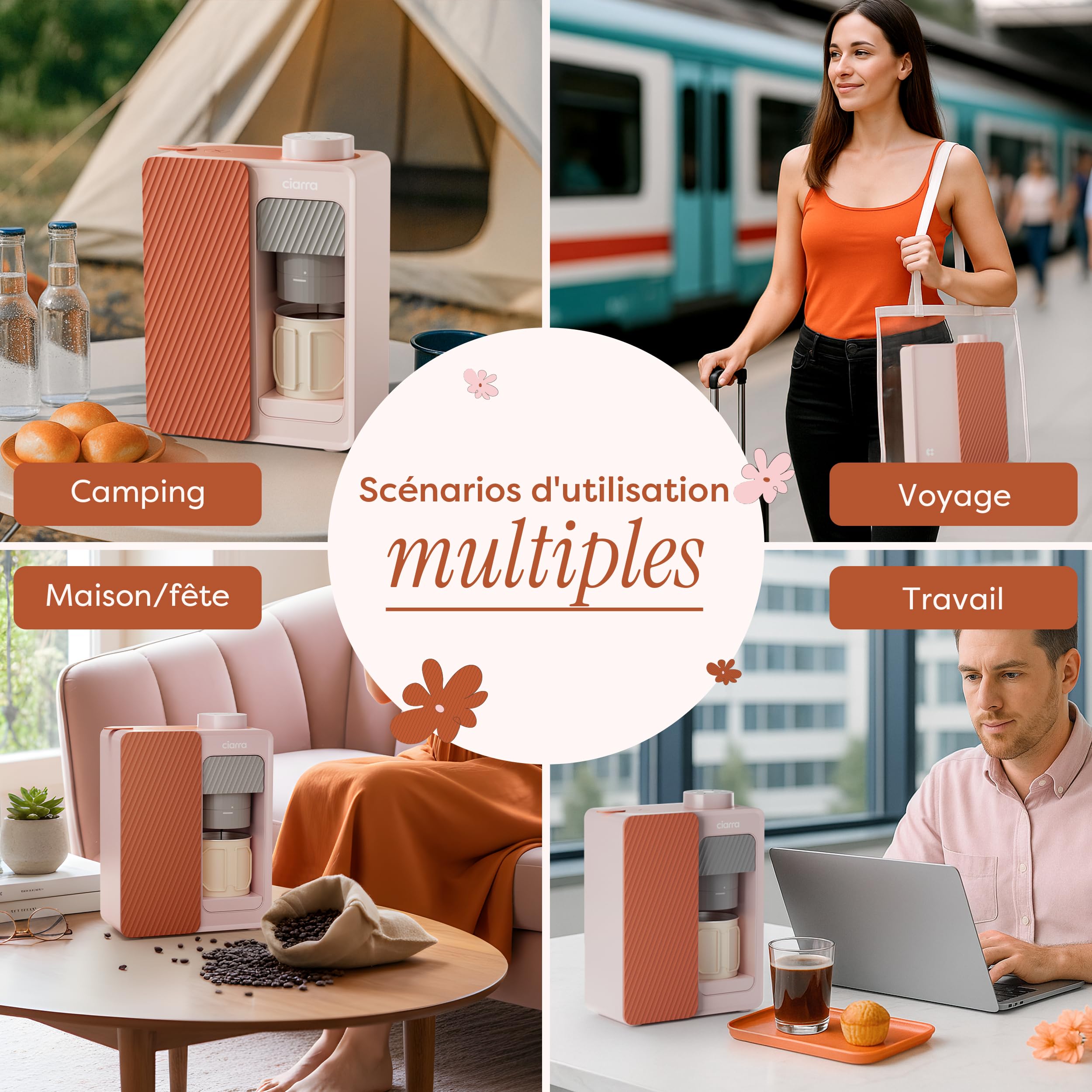 CIARRA Bloom Box Cafetière Portable - Machine à Espresso Nomade 15 Bars, Chauffage & Nettoyage Automatiques, Double Alimentation (Batterie & Secteur), Réservoir 180 ml - CBPCM551-P