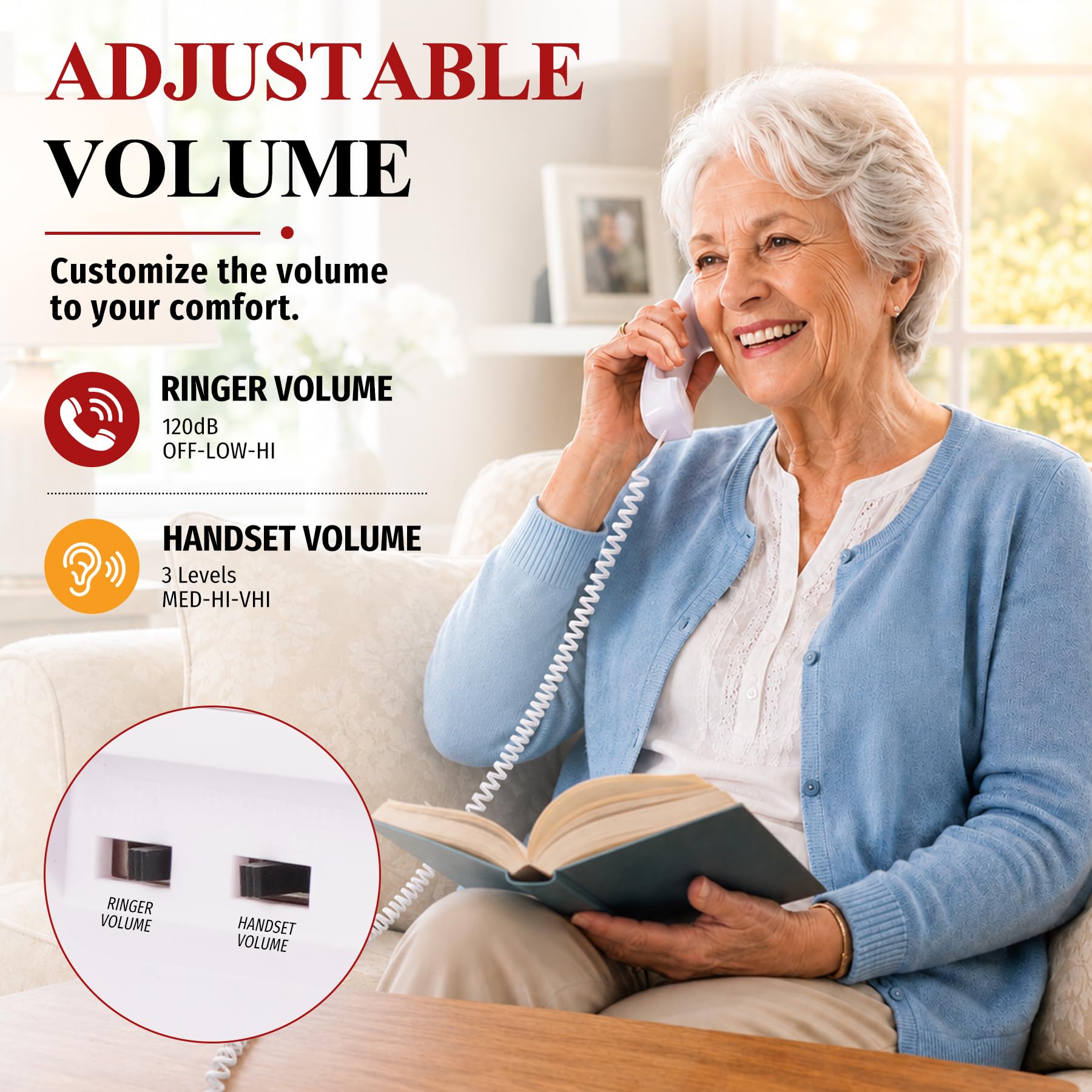 Uvital Teléfonos fijos con cable para ancianos, teléfono de botón grande para el hogar/hotel/oficina, teléfono de escritorio con marcación rápida de un solo toque, manos libres, control de volumen y