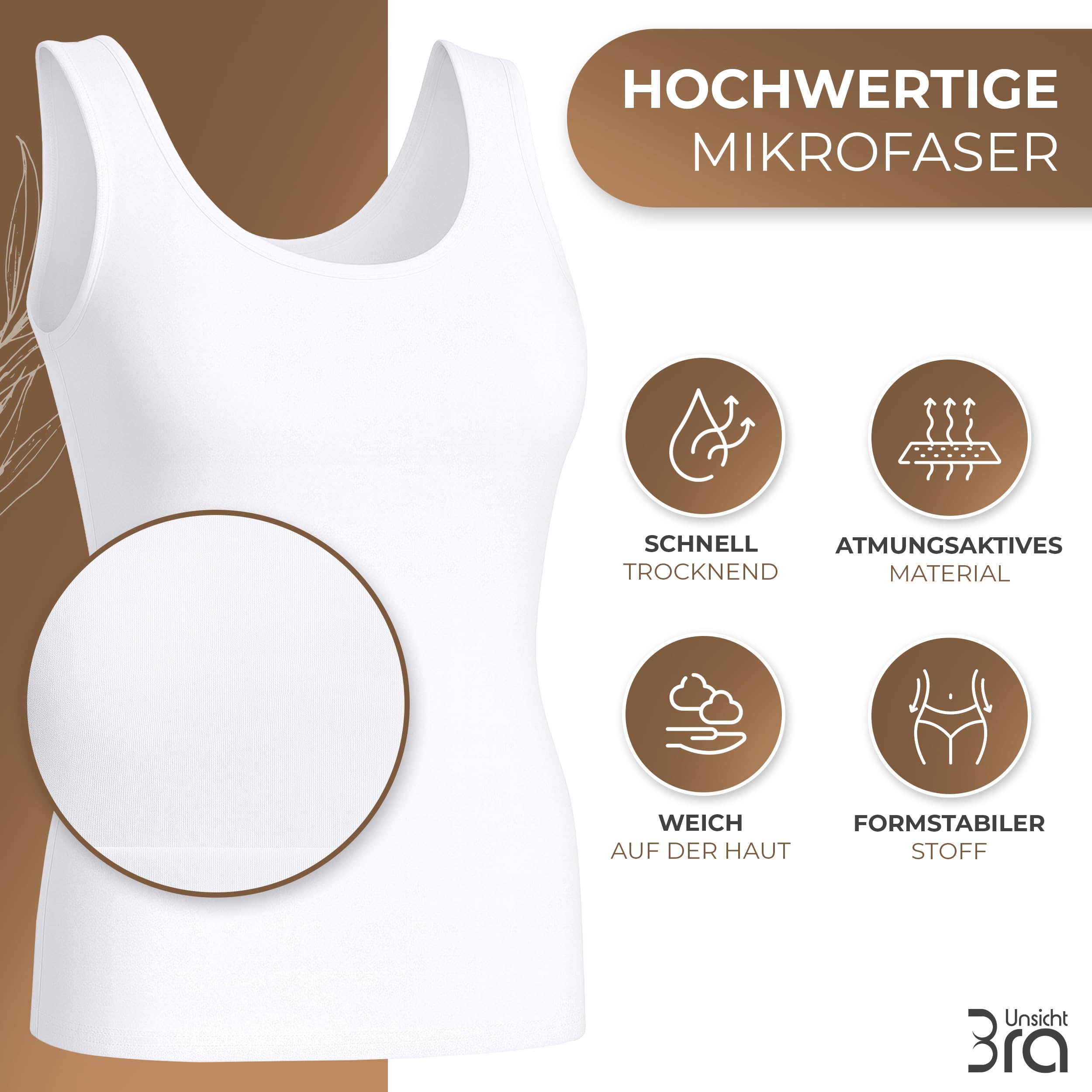 UnsichtBra 3er Pack Shape Damen Unterhemden Longshirt | Basic Wohlfühl Mikrofaser Damen Top ohne Bügel | Bauchweg Tops Unterhemd Frauen Weiss Schwarz Beige