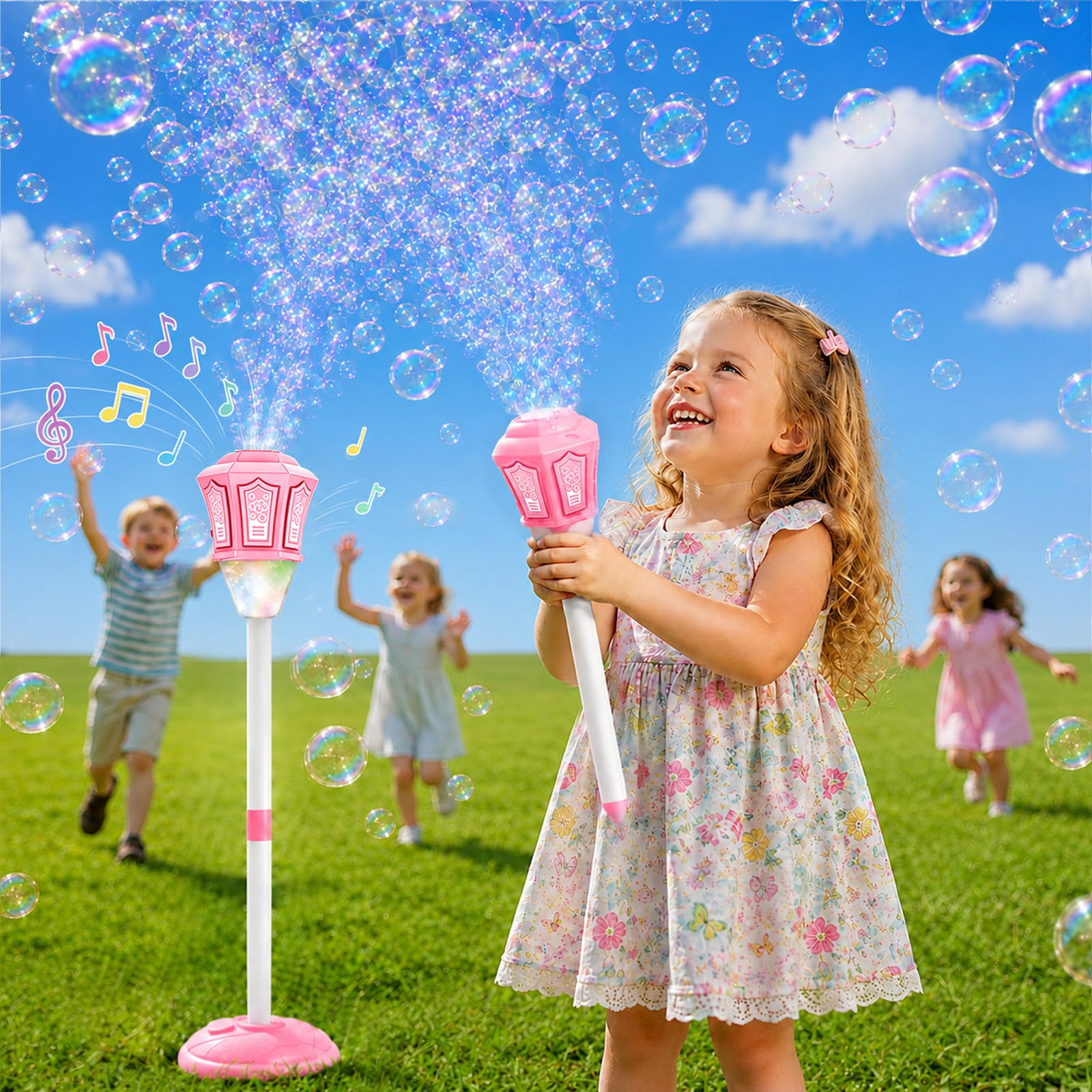 Lanterne à Bulles De Savon, Machine à Bulles RéGlable en Hauteur pour Enfants avec LumièRe LED Et Musique, Machine à Bulles 2 en 1 sur Pied Et à Main, Convient pour L'ExtéRieur, Les