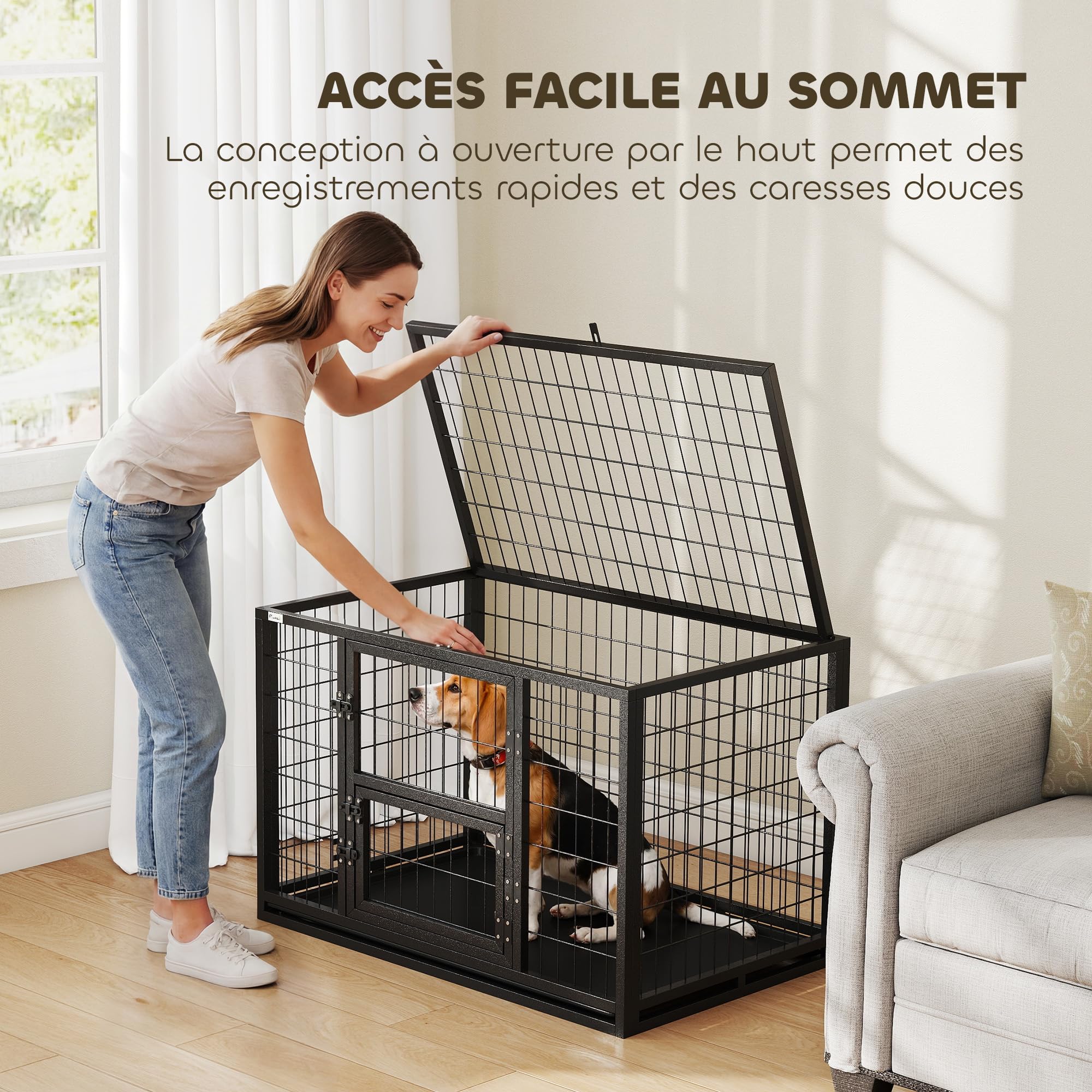 PawHut - Jaula para perro resistente de acero con tubos cuadrados, para interior con techo corredizo y puerta de alimentación, jaula de metal, 94 x 60 x 64 cm, para border Collie y perro mediano
