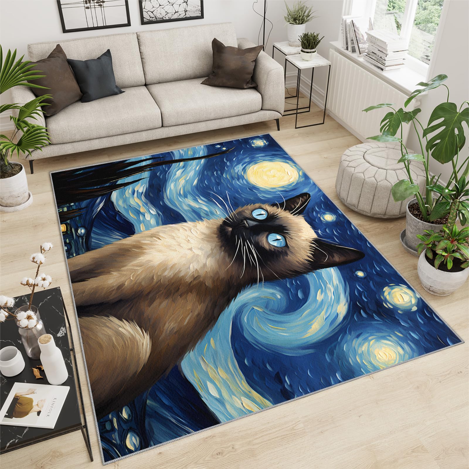 Siamese Cat Rug for Bedroom - Starry Sky Siamese Cat Rugs for Living Room Animal Area Rug, Pet Lovers Decorative Carpet for Women's Kitchen Restaurant
