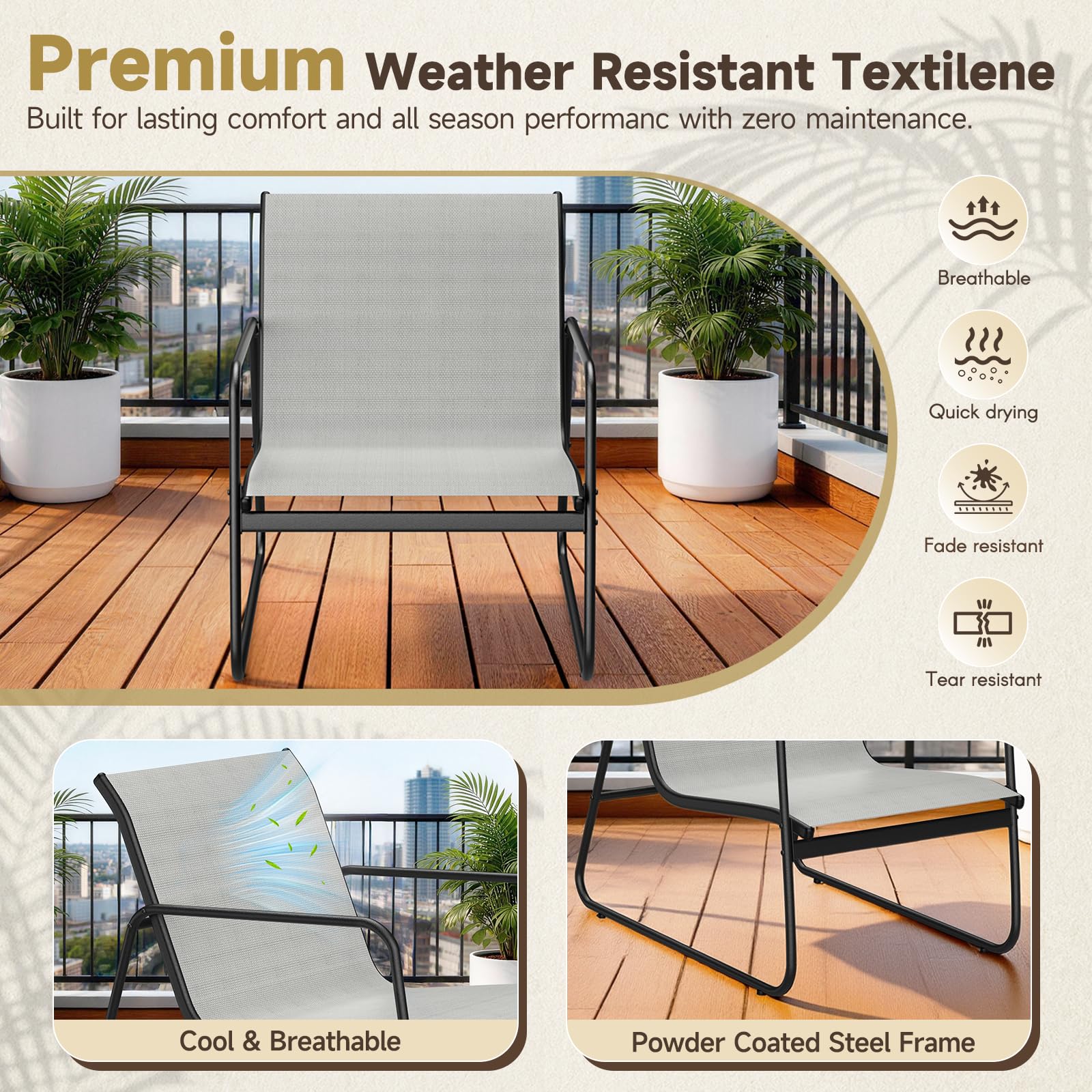 bigzzia Conjunto Jardín Exterior de 4 Piezas, Muebles Jardín Exterior con 1 Mesa, 1 Banco y 2 Sillas Impermeables y Transpirables para Exteriores Patios Piscinas (Gris Oscuro)