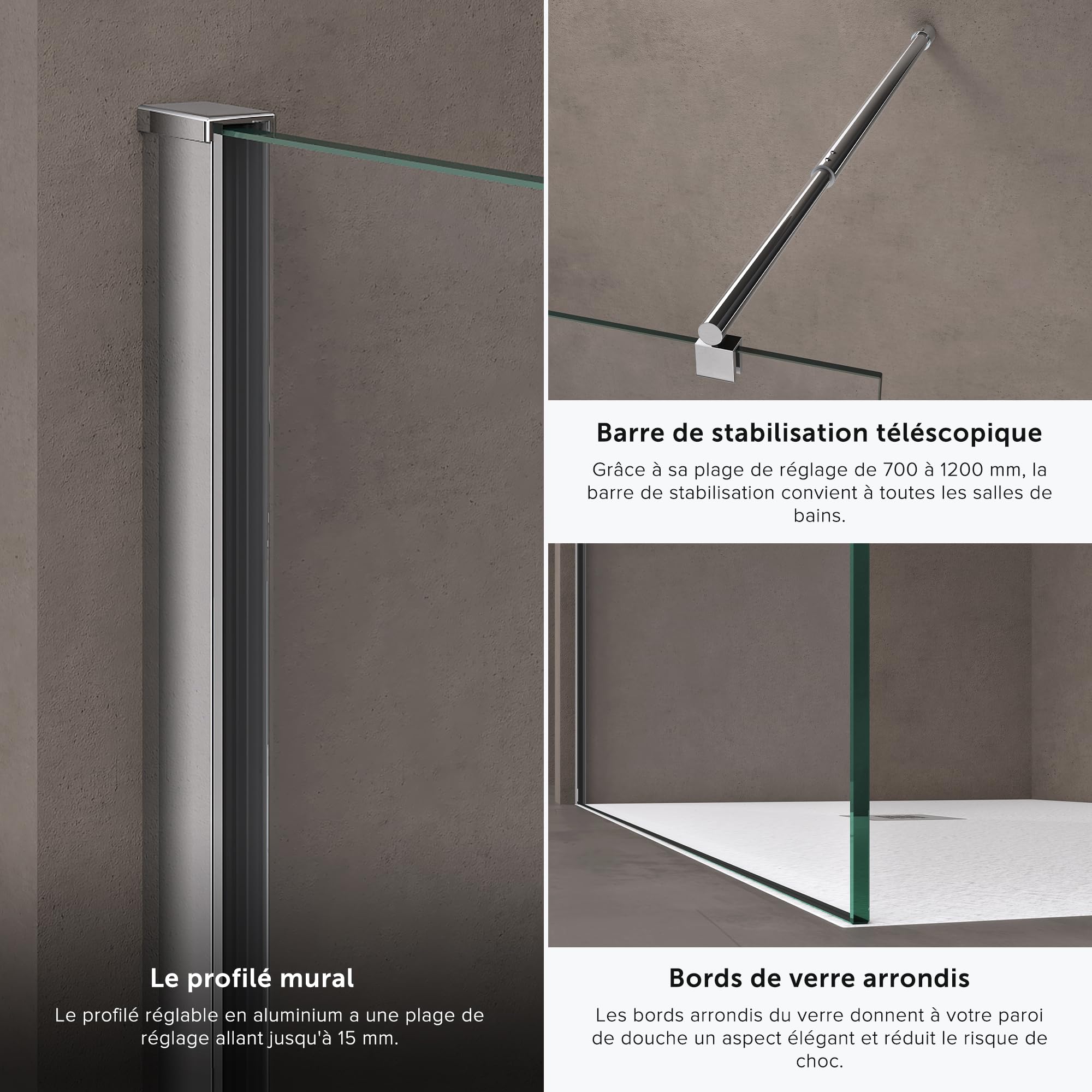 doporro Paroi de Douche à L'italienne Transparent 90cm Pare-Douche Verre de Sécurité 8mm Bremen01K 90x200cm Profilé Chromé avec Stabilisateur en Acier Inoxydable