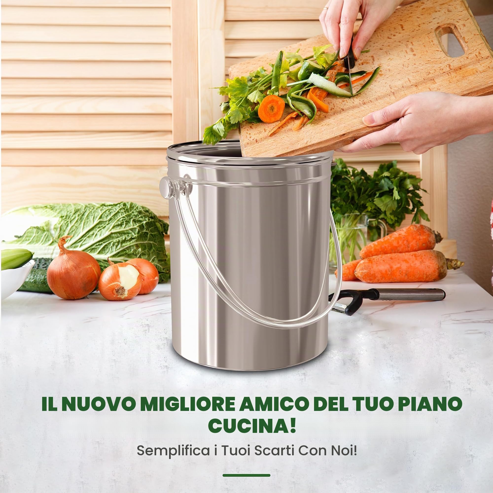 Bidone per compostaggio in acciaio inox di alta qualità, 3 litri, include filtro al carbone Utopia Kitchen