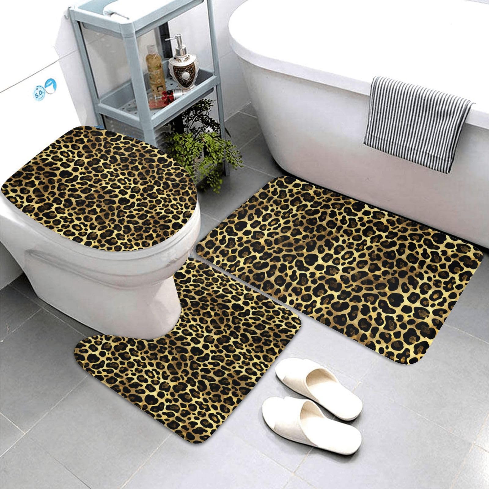 Tapis de bain léopard noir et doré : lot de 3 pièces avec contour et couvre-abattant de toilettes
