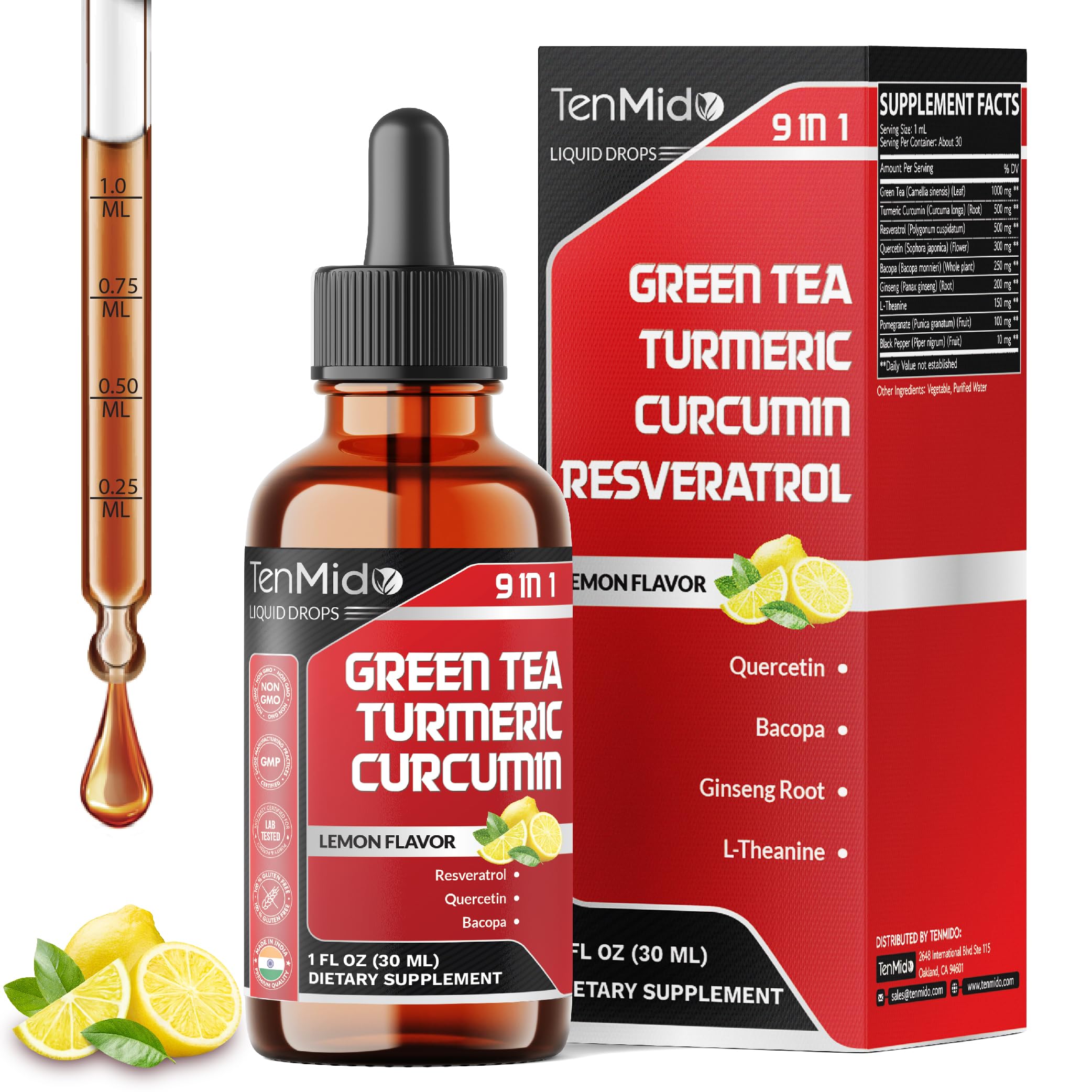 Green Tea Extract Liquid Drops - 9in1 with Turmeric Curcumin, Resveratrol, Quercetin, Bacopa, Panax Ginseng, L-Theanine, Pomegranate and Black Pepper - 30ml 1 Fl Oz