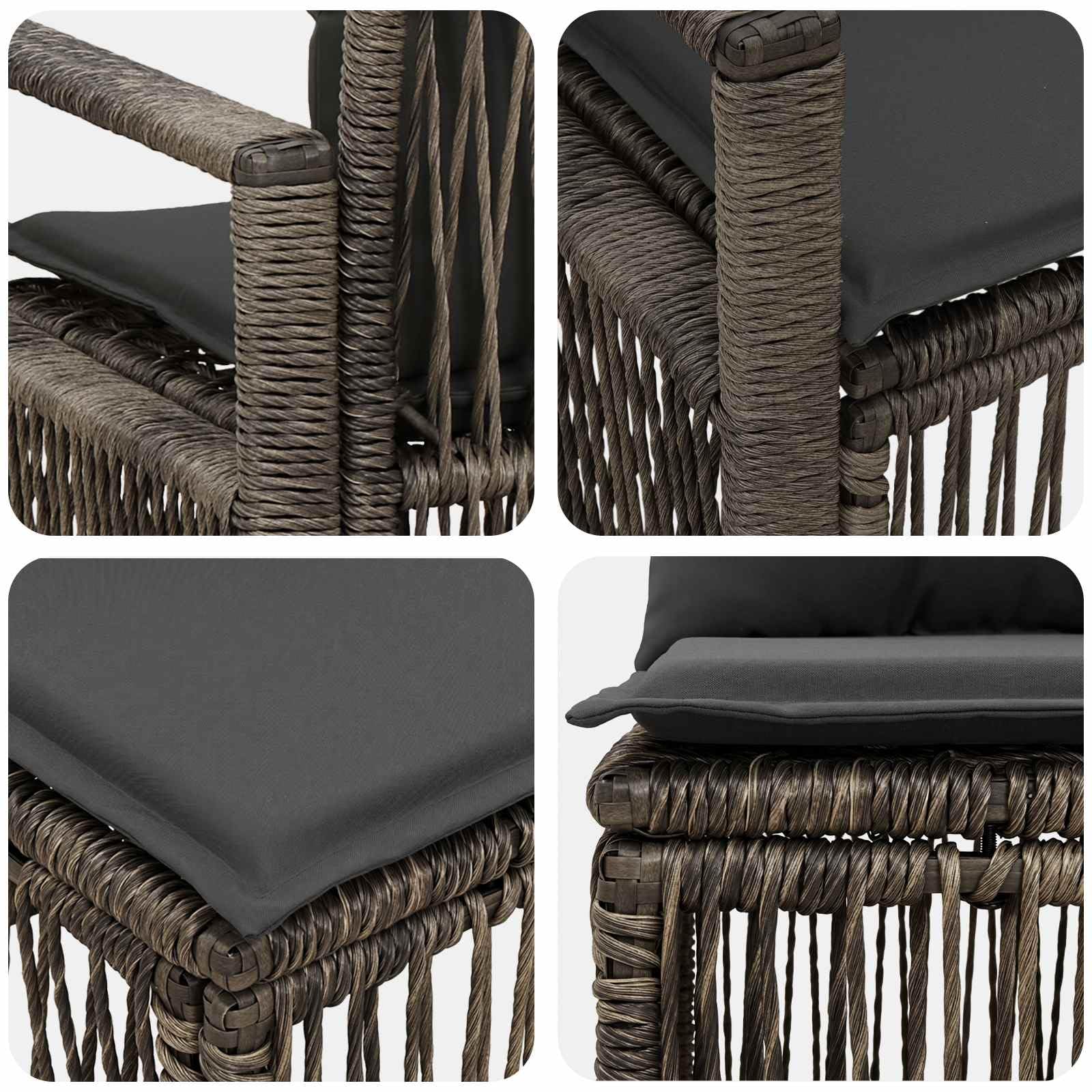 Set di 7 divani da giardino in rattan grigio per terrazza | Salotto angolare modulare per terrazza e giardino con robusto telaio in acciaio e rivestimenti imbottiti lavabili.