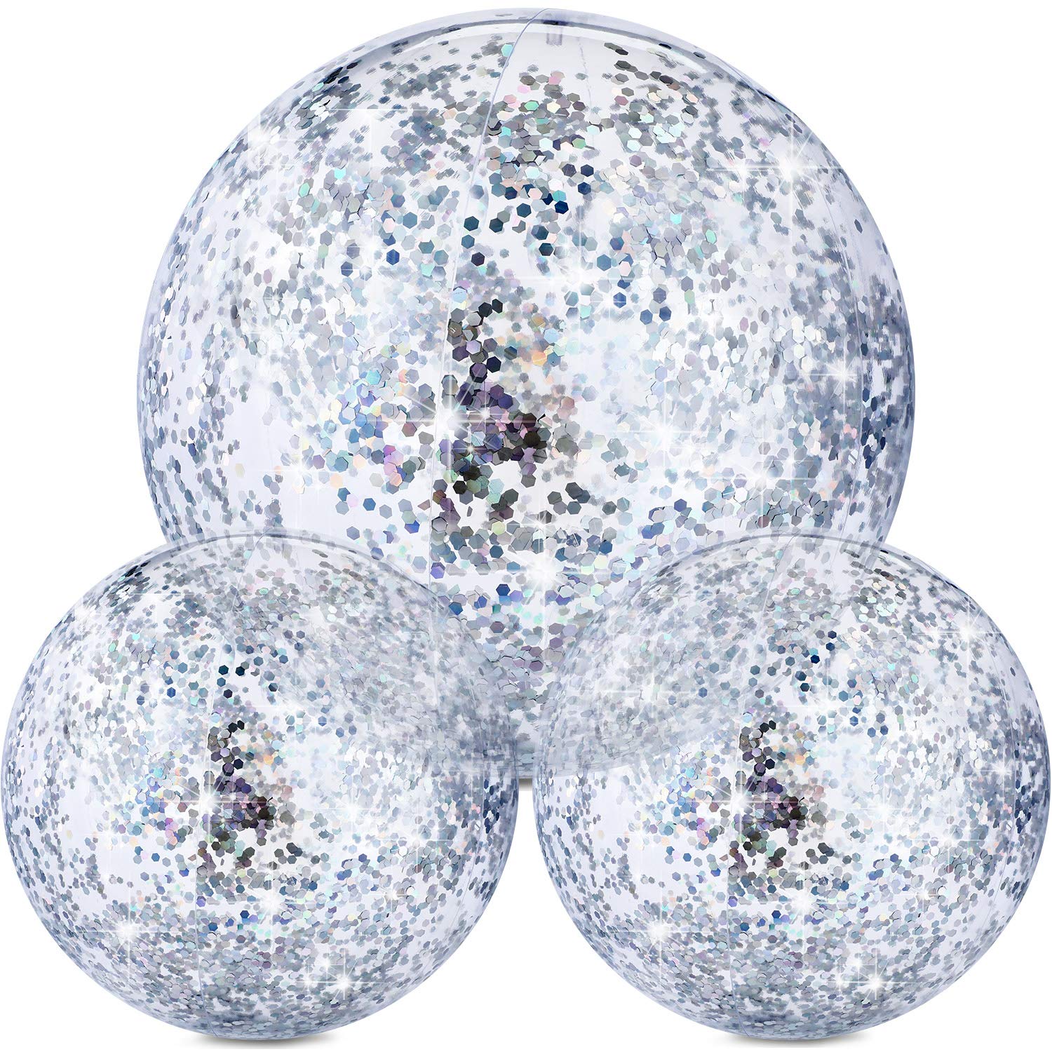 3 Pcs Inflatable Beach Ball 16 Inch Glitter Summer Swimming Pool Disco Balls with Confetti Floatable Blow up Toys Decorations for Beach Wedding Outdoor birthday Party Favor(Silver)