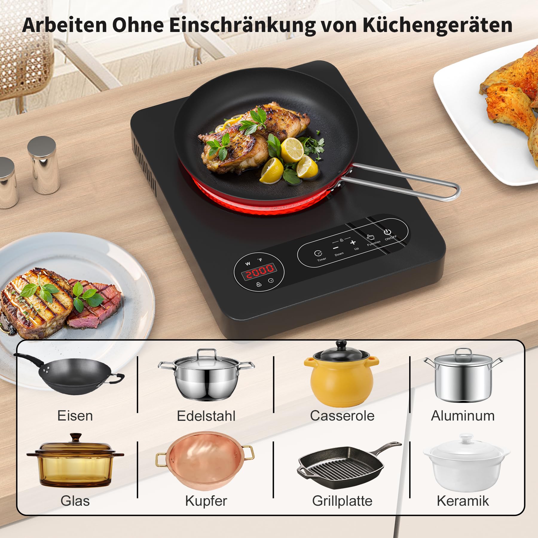 VBGK Glaskeramikkochfeld 220V 2000W LED-Touch-Steuerung 10 Leistungsstufen 4-Stunden-Timer Sicherheitsschloss 1 Platte